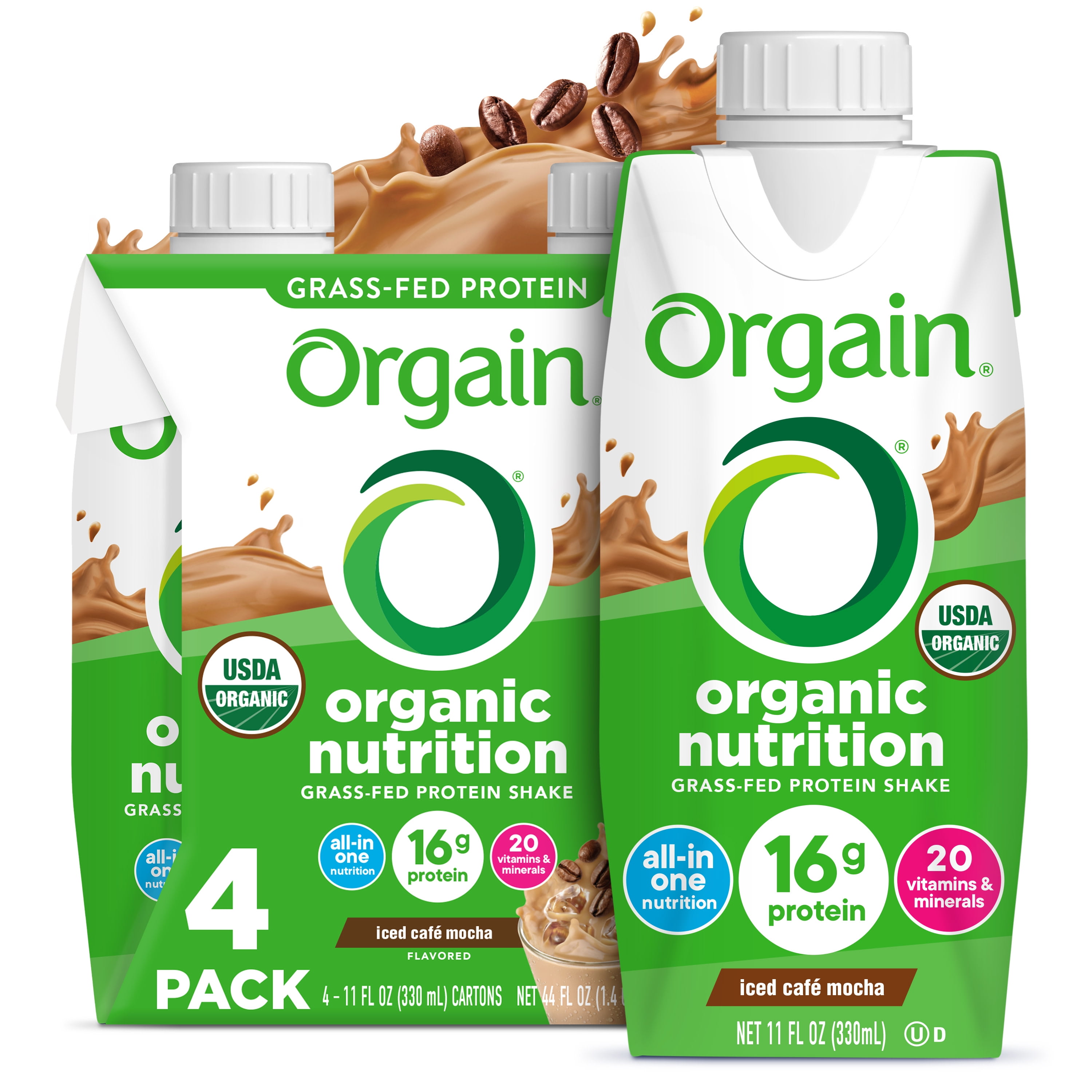 Orgain Organic Iced Café Mocha Nutritional Shake 4 Pack - Ready to Drink 16g Protein 11oz