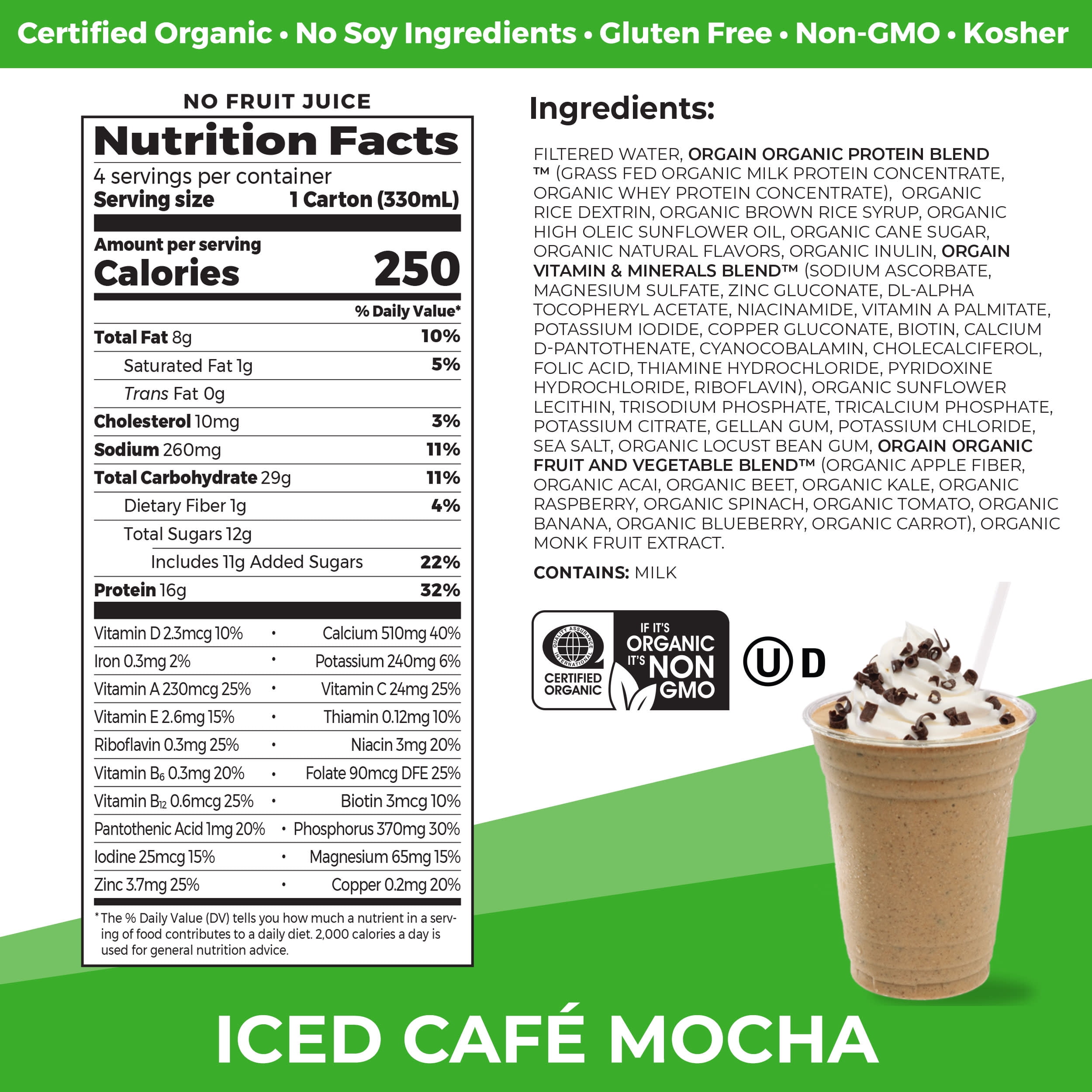 Orgain Organic Iced Café Mocha Nutritional Shake 4 Pack - Ready to Drink 16g Protein 11oz