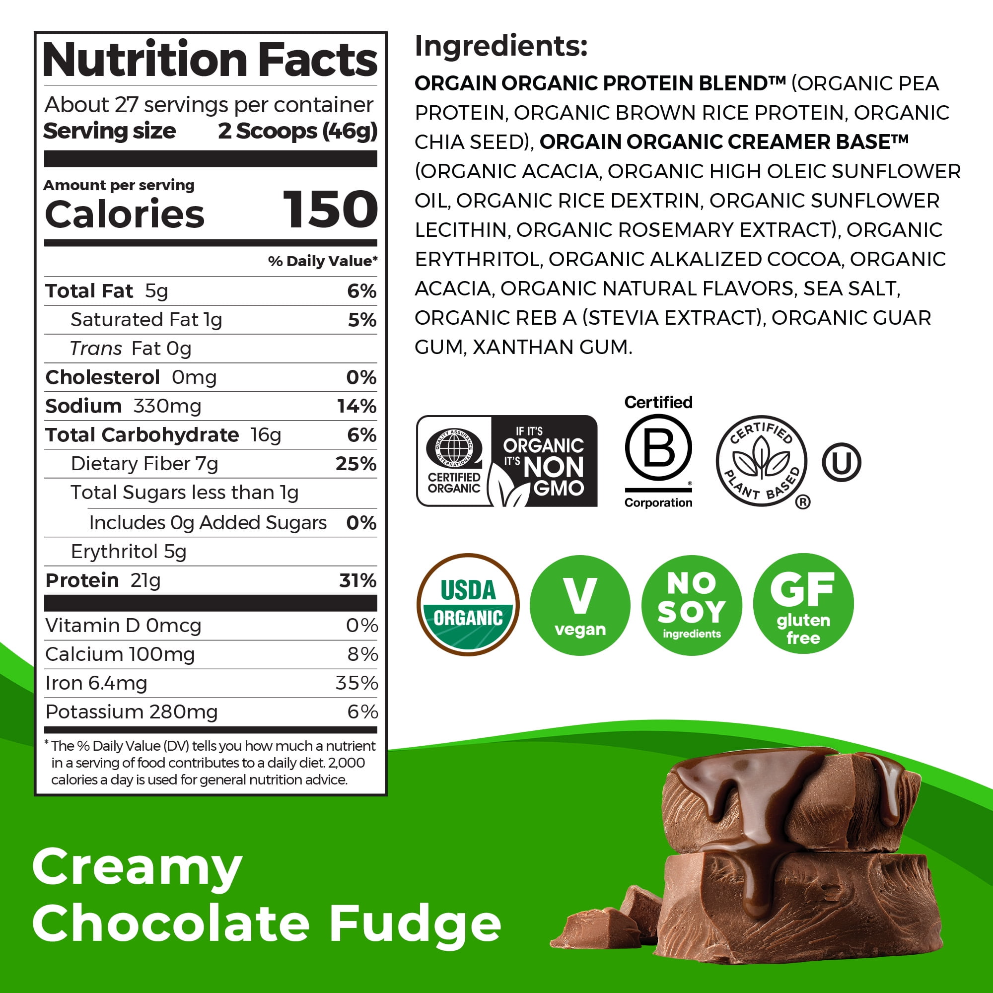 Orgain Vegan 21g Protein Powder Plant Based Creamy Chocolate Fudge 2.7lb