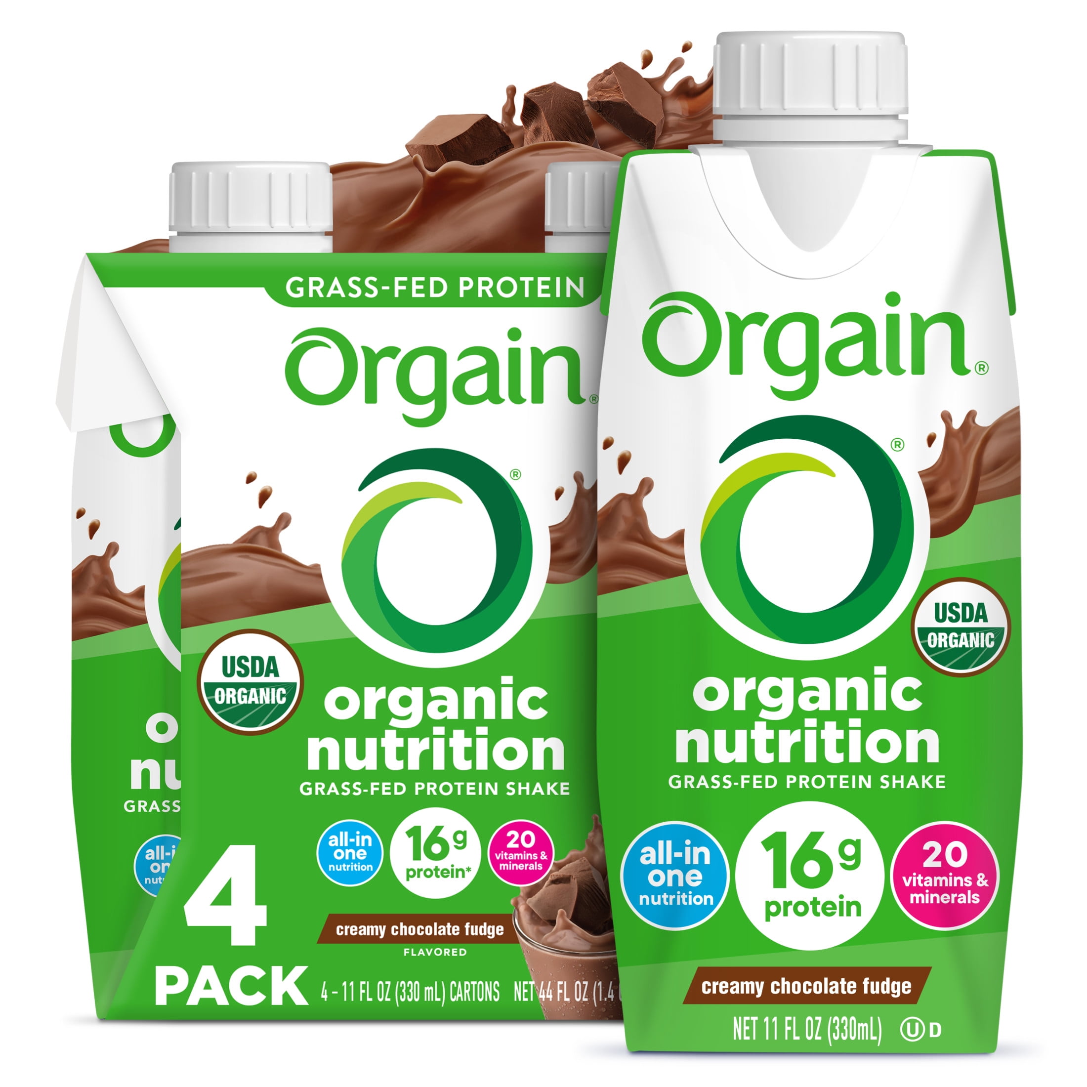 Orgain Organic Grass Fed Protein Shake, Creamy Chocolate Fudge 11oz 4ct Pack