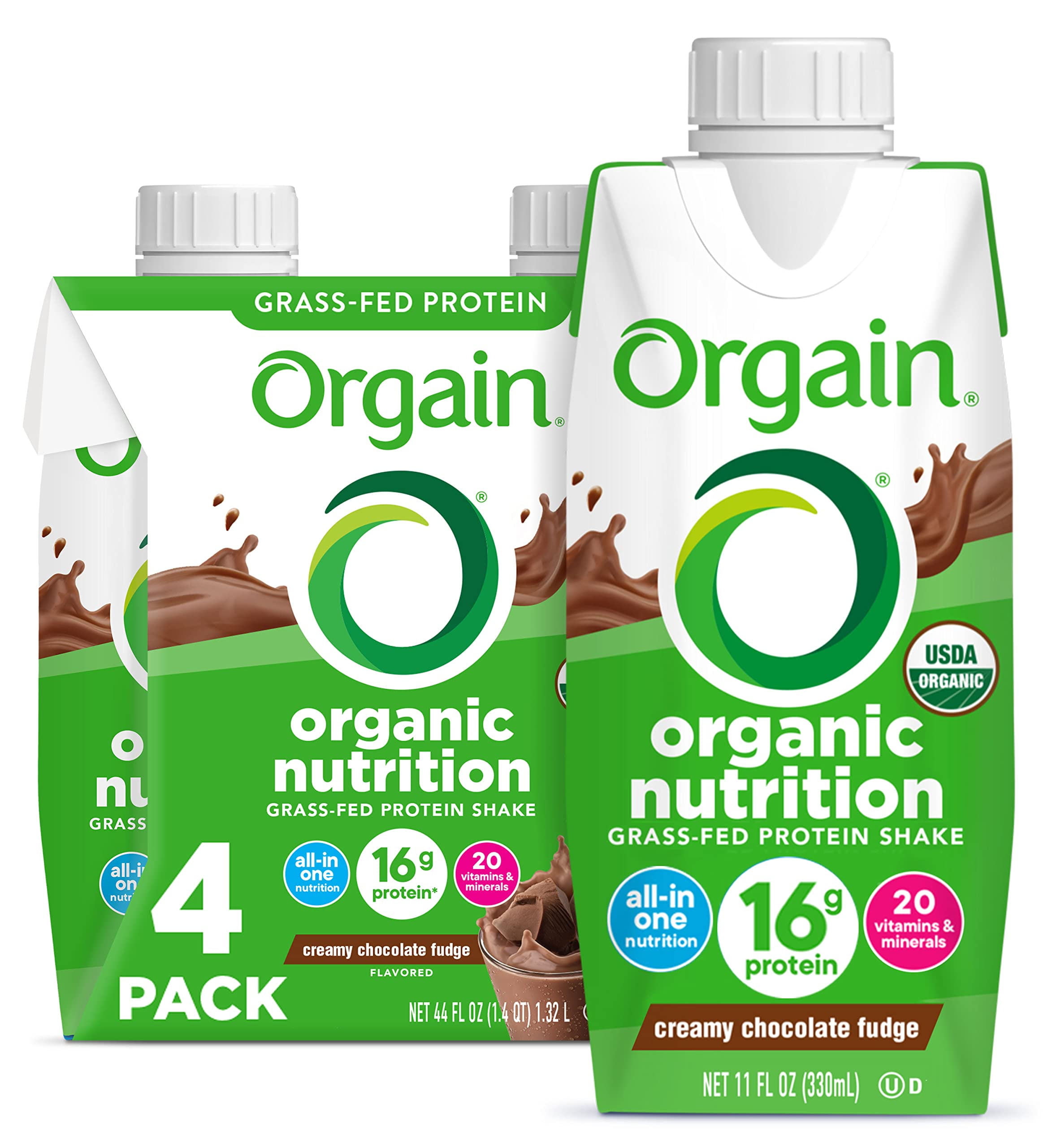 Orgain Creamy Chocolate Fudge Protein Shake - Grass Fed Whey, Meal Replacement, 20 Vitamins, Gluten & Soy Free - 11 Fl Oz, 4 Pack