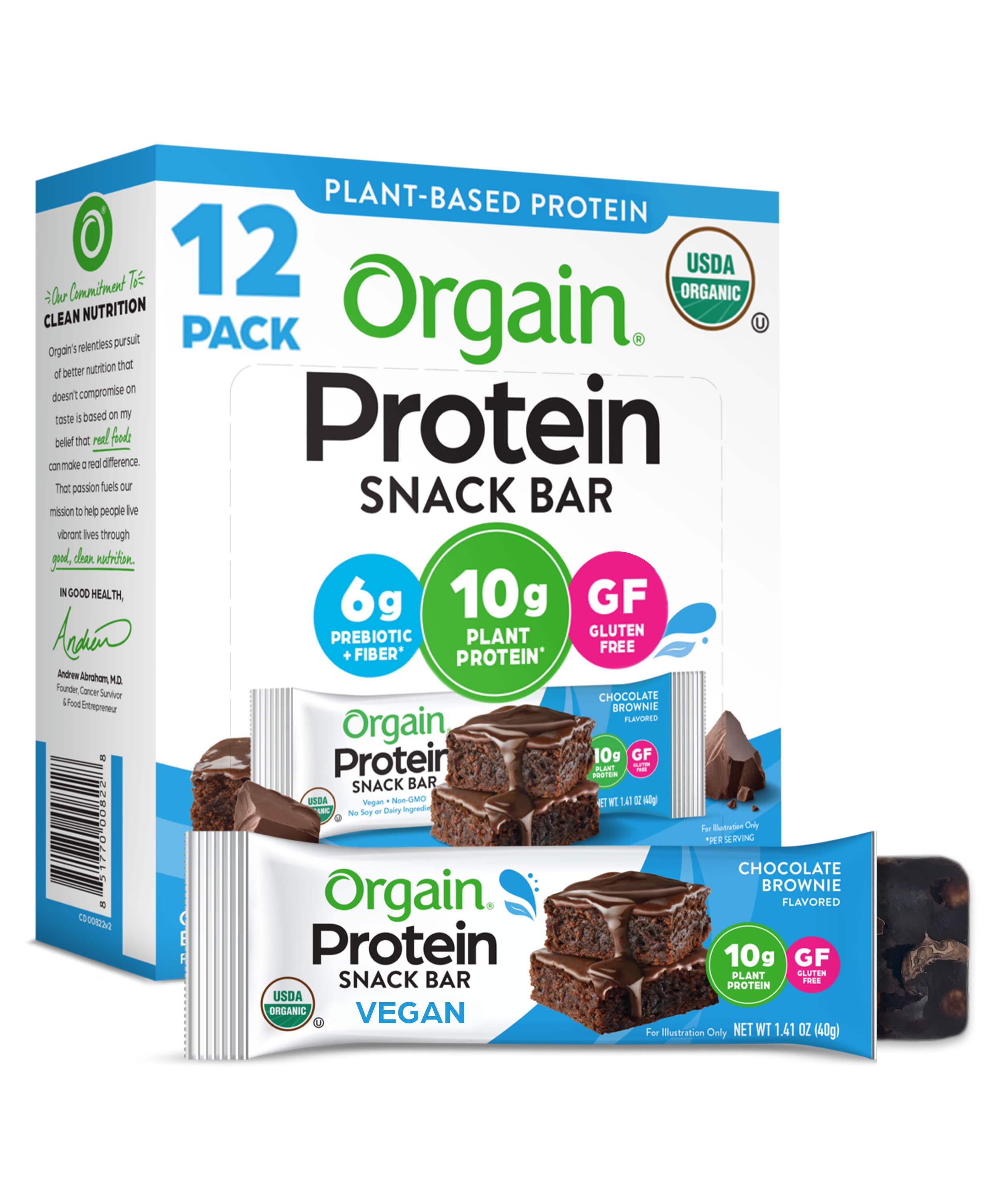 Orgain Chocolate Brownie Plant Based Protein Snack Bars 16.9oz 12ct