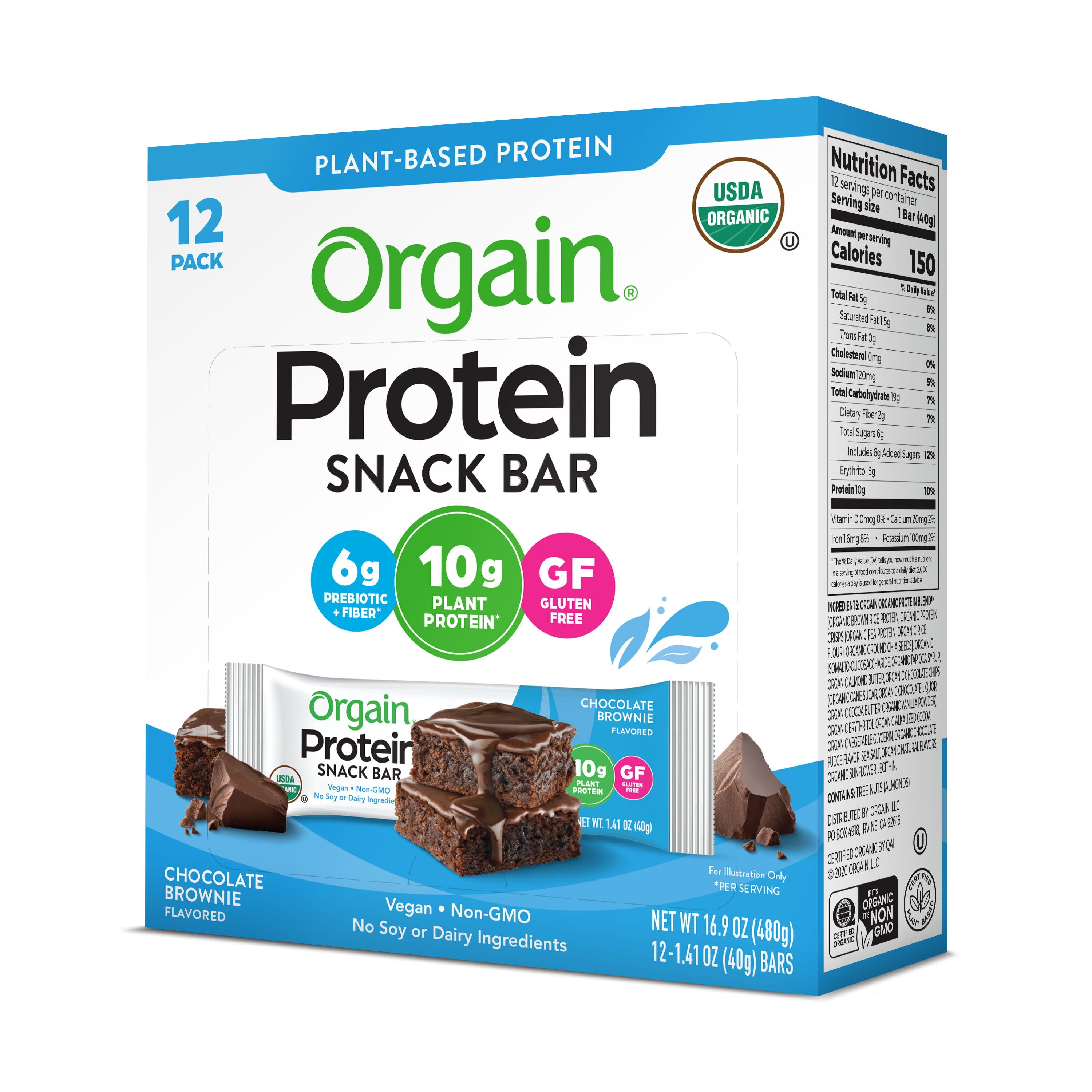 Orgain Chocolate Brownie Plant Based Protein Snack Bars 16.9oz 12ct