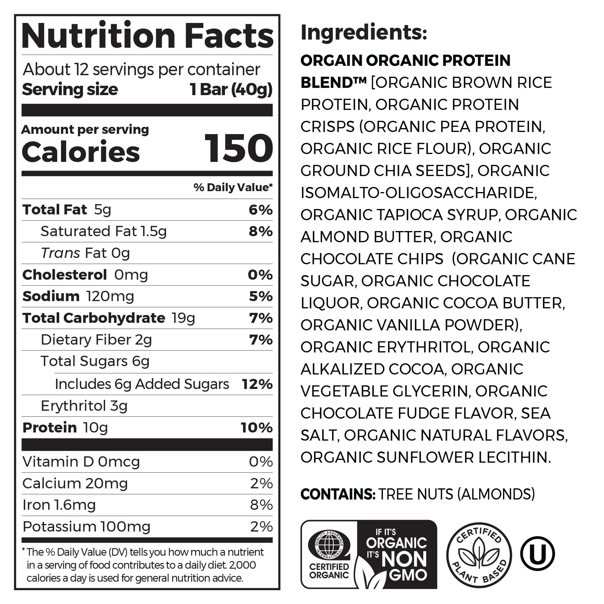 Orgain Chocolate Brownie Plant Based Protein Snack Bars 16.9oz 12ct