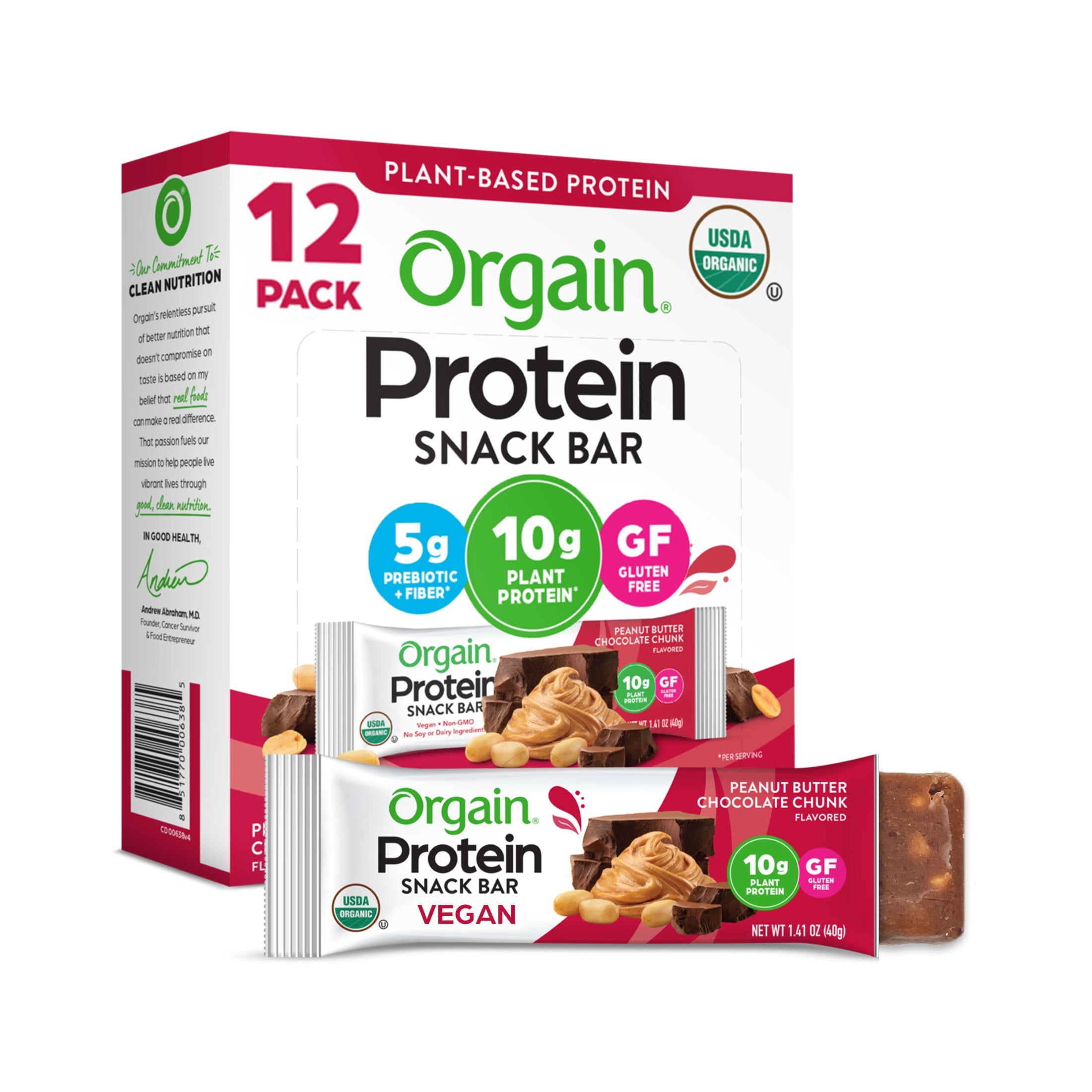 Orgain Peanut Butter Chocolate Chunk Plant Based Protein Snack Bars 16.9oz 12ct