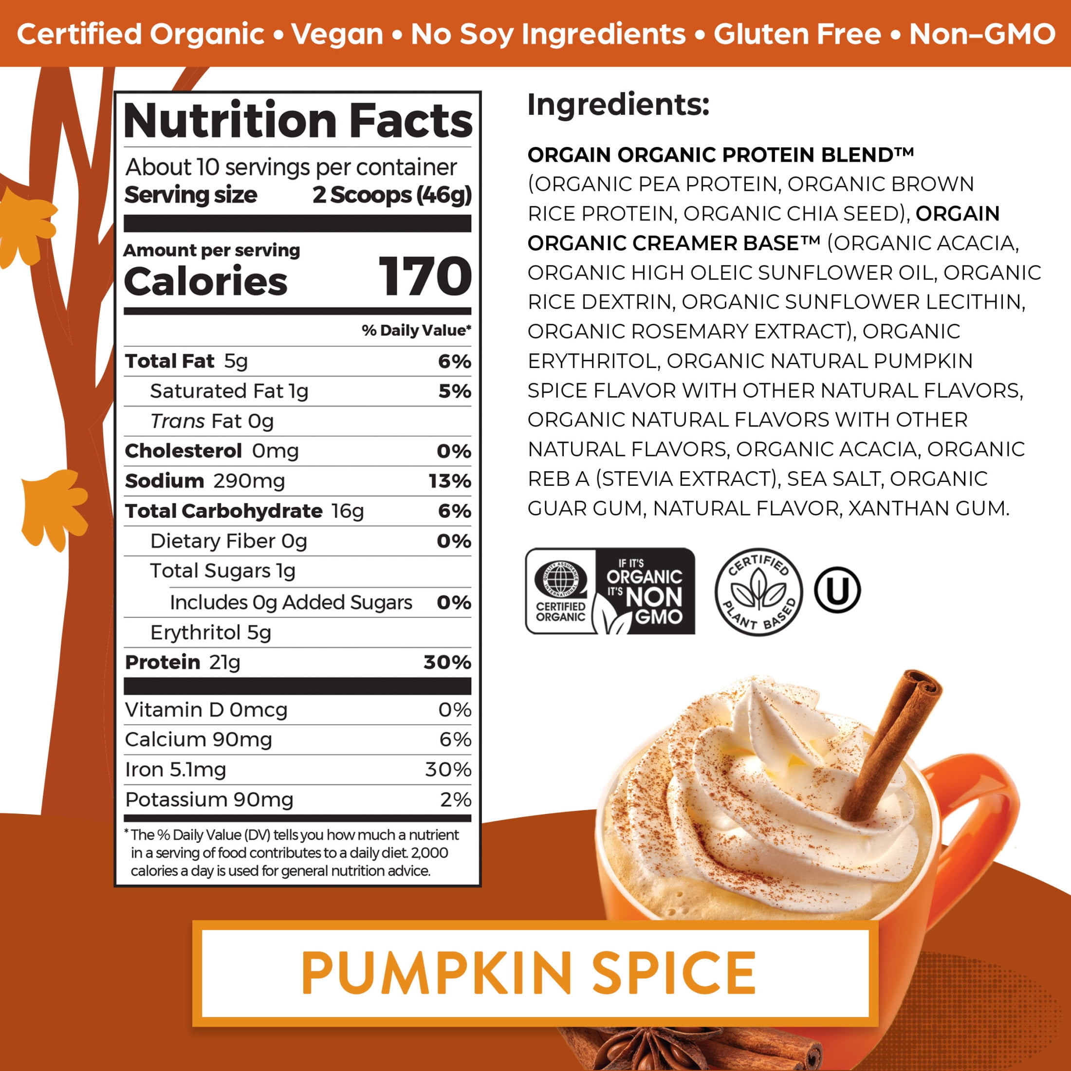 Orgain Organic Vegan 21g Protein Powder Plant Based Pumpkin Spice 1.02lb