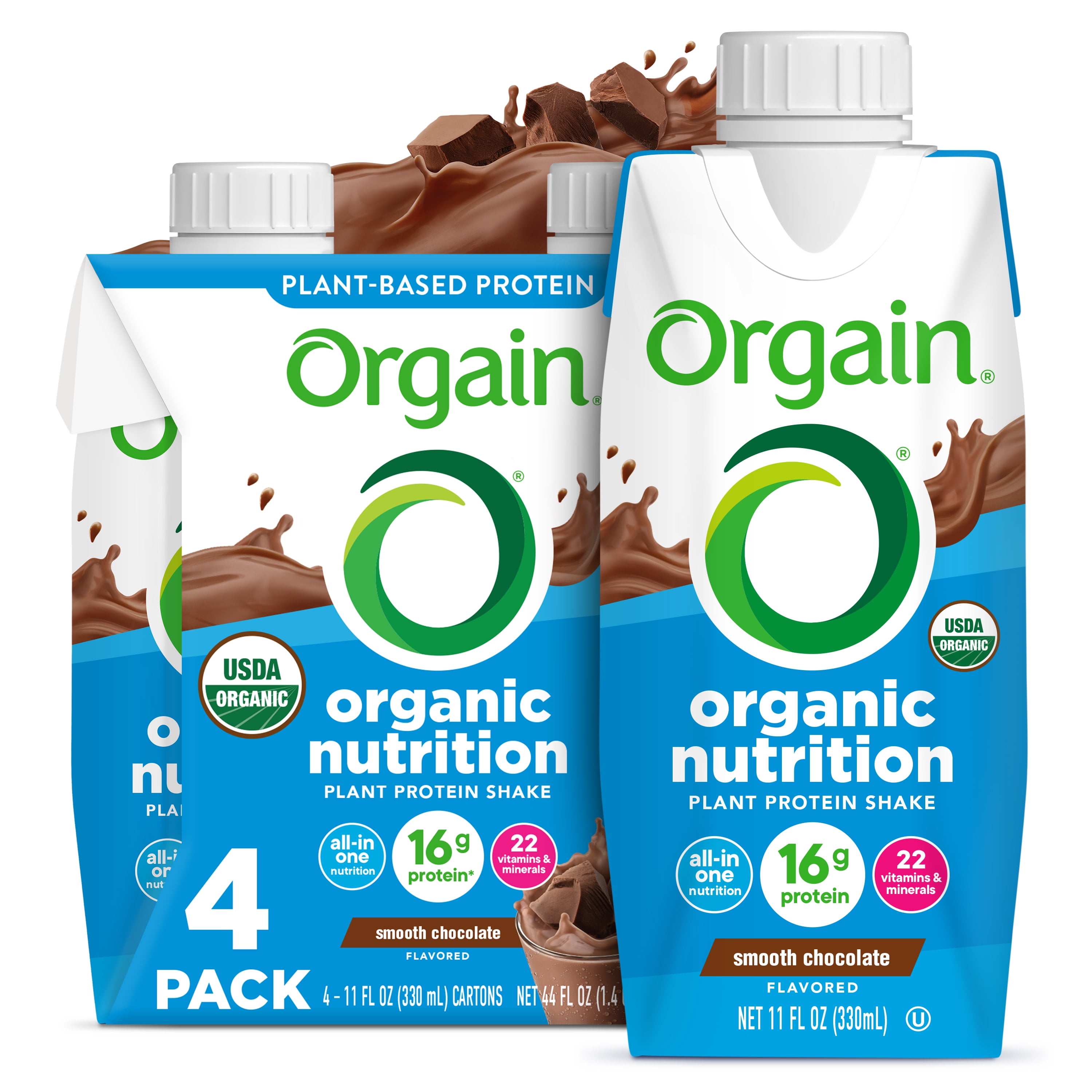 Orgain Organic Nutrition Vegan Protein Shake Plant Based Smooth Chocolate 11oz 4ct