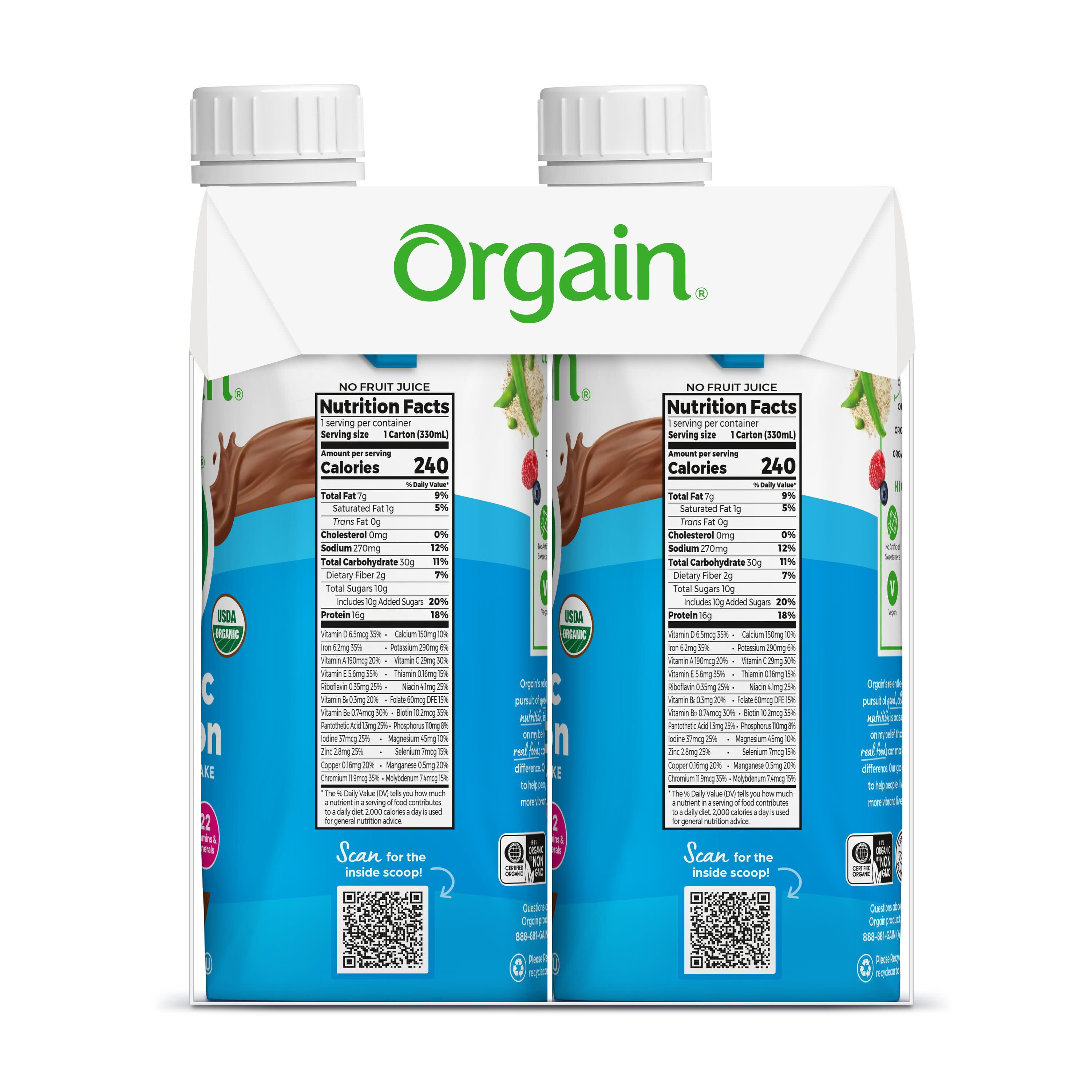 Orgain Organic Nutrition Vegan Protein Shake Plant Based Smooth Chocolate 11oz 4ct