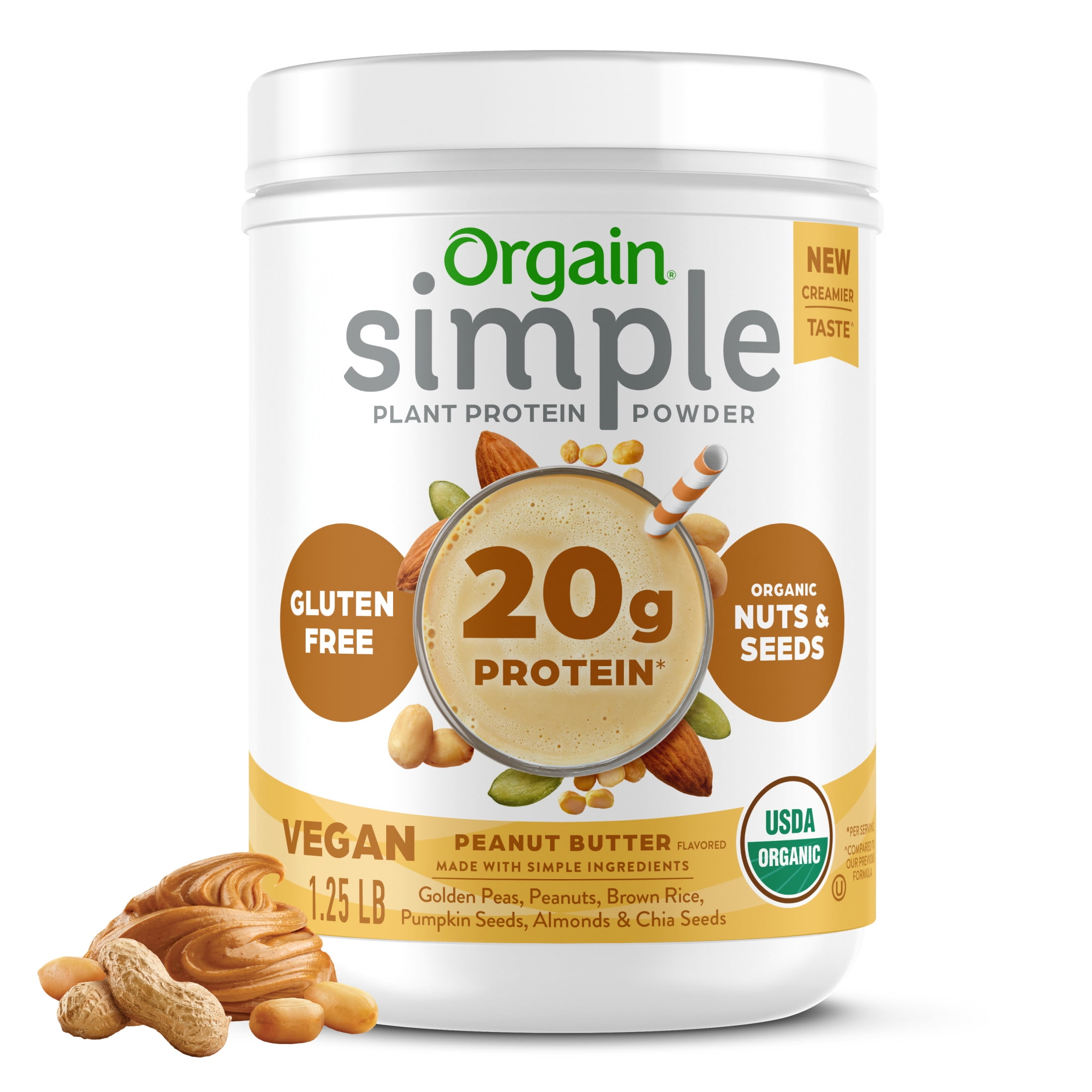 Orgain Simple Organic Vegan 20g Protein Powder Plant Based Non GMO Peanut Butter 1.25lb