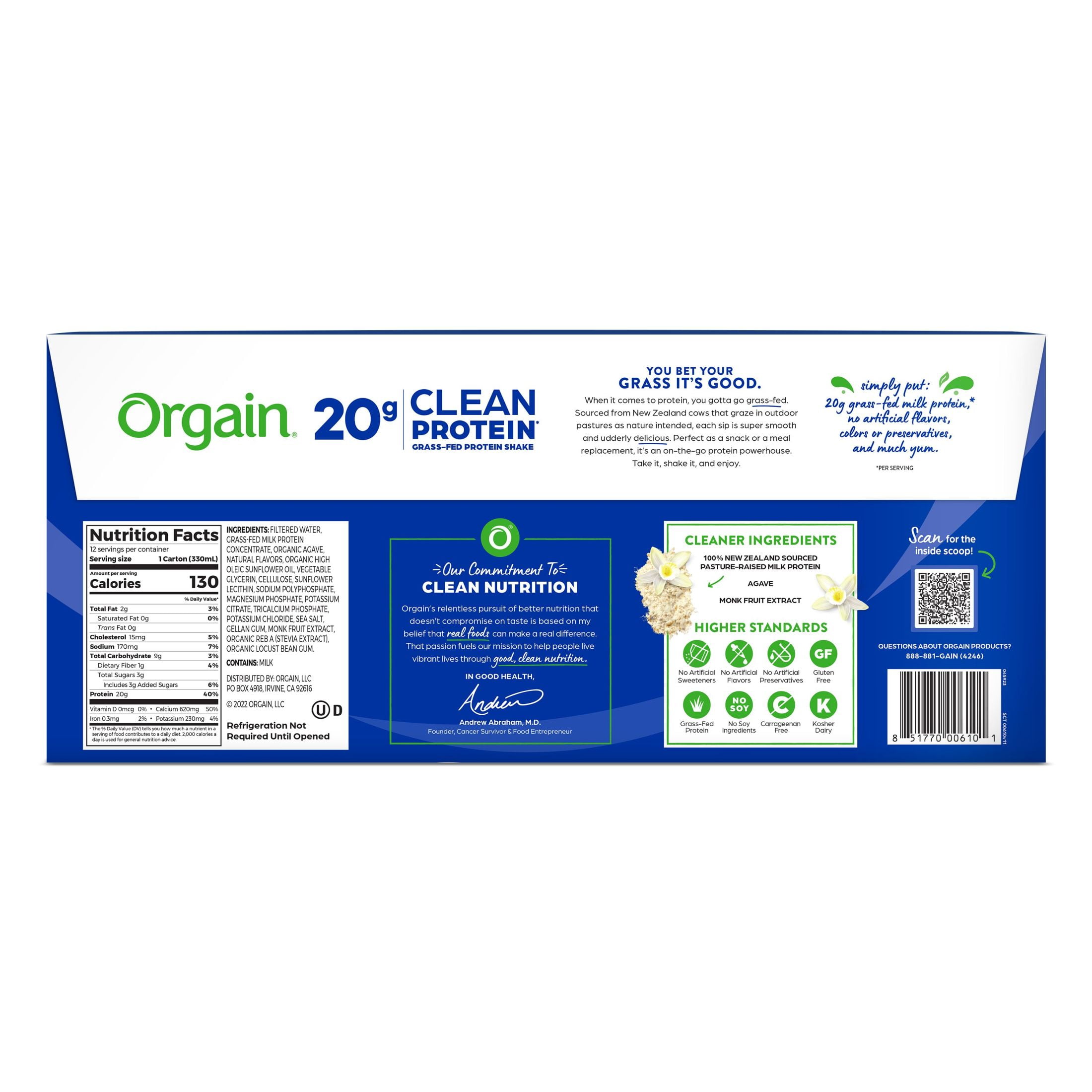 Orgain 20g Grass Fed Clean Protein Shake Vanilla Bean 11oz 12ct