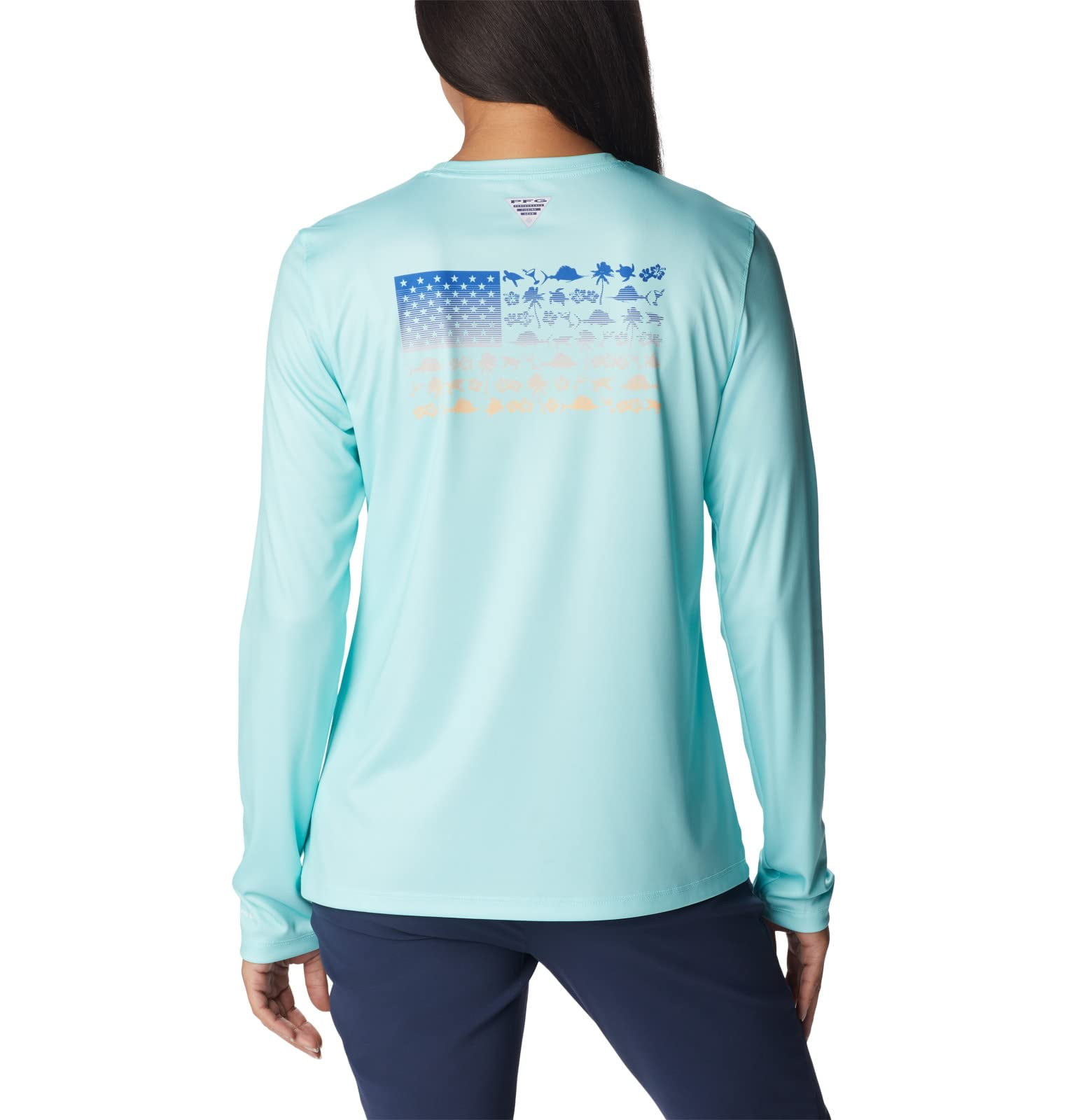 Columbia Women's Tidal Tee PFG Fish Flag Long Sleeve Gulf Stream Fish and Friends Flag Ombre Large