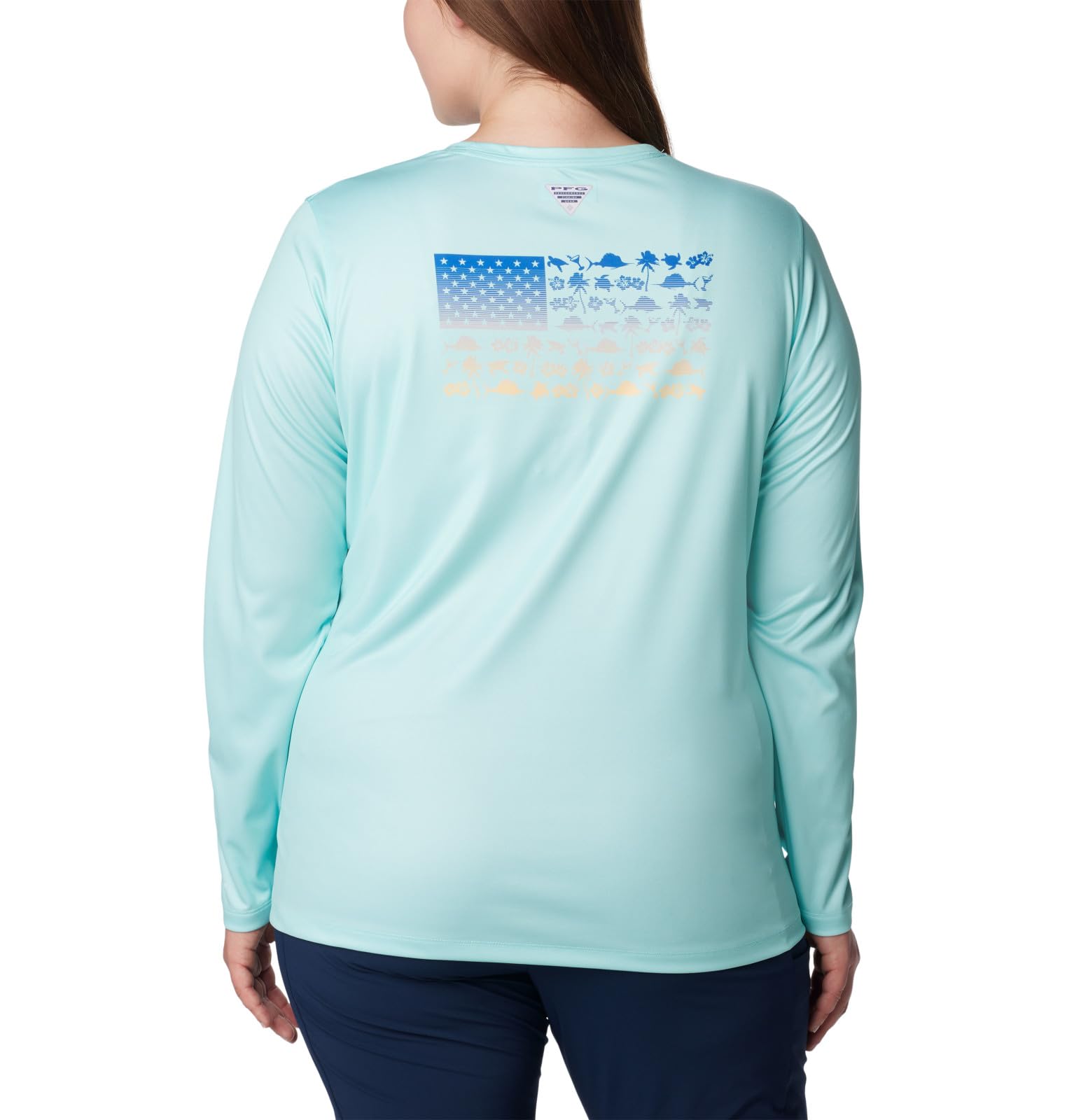 Columbia Women's Tidal Tee PFG Fish Flag Long Sleeve Gulf Stream Fish and Friends Flag Ombre Large