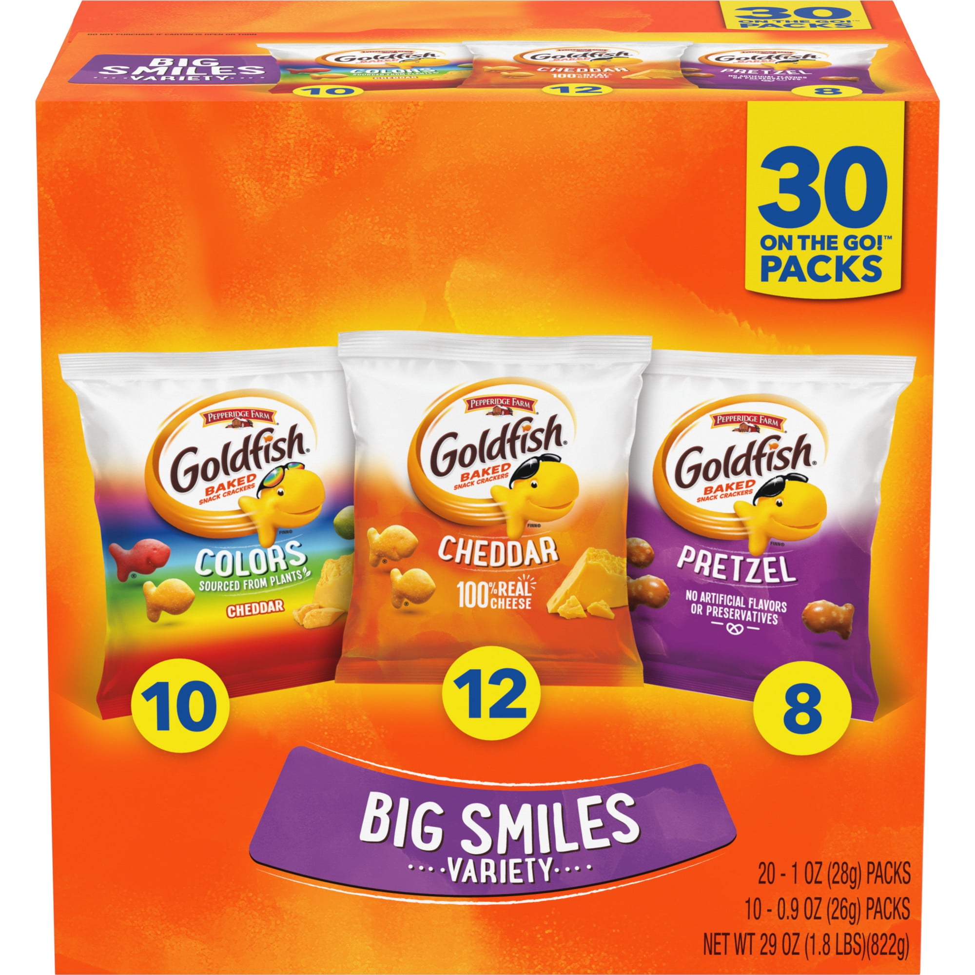 Goldfish Crackers Big Smiles Cheddar Colors Pretzel Snack Pack 30 CT Variety Pack Box