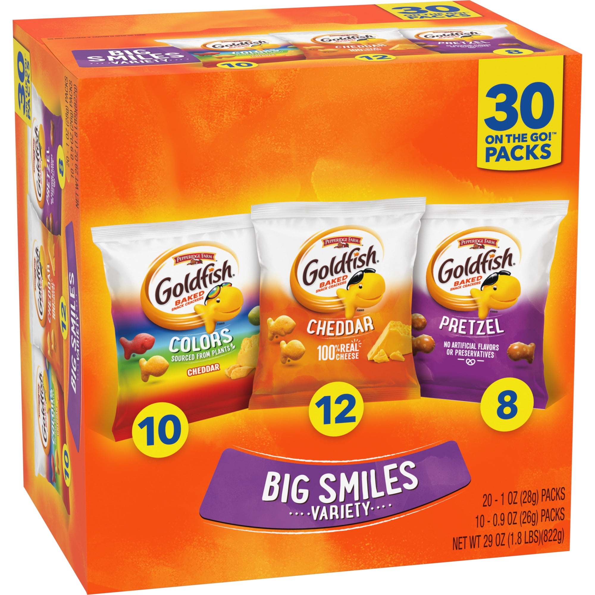 Goldfish Crackers Big Smiles Cheddar Colors Pretzel Snack Pack 30 CT Variety Pack Box