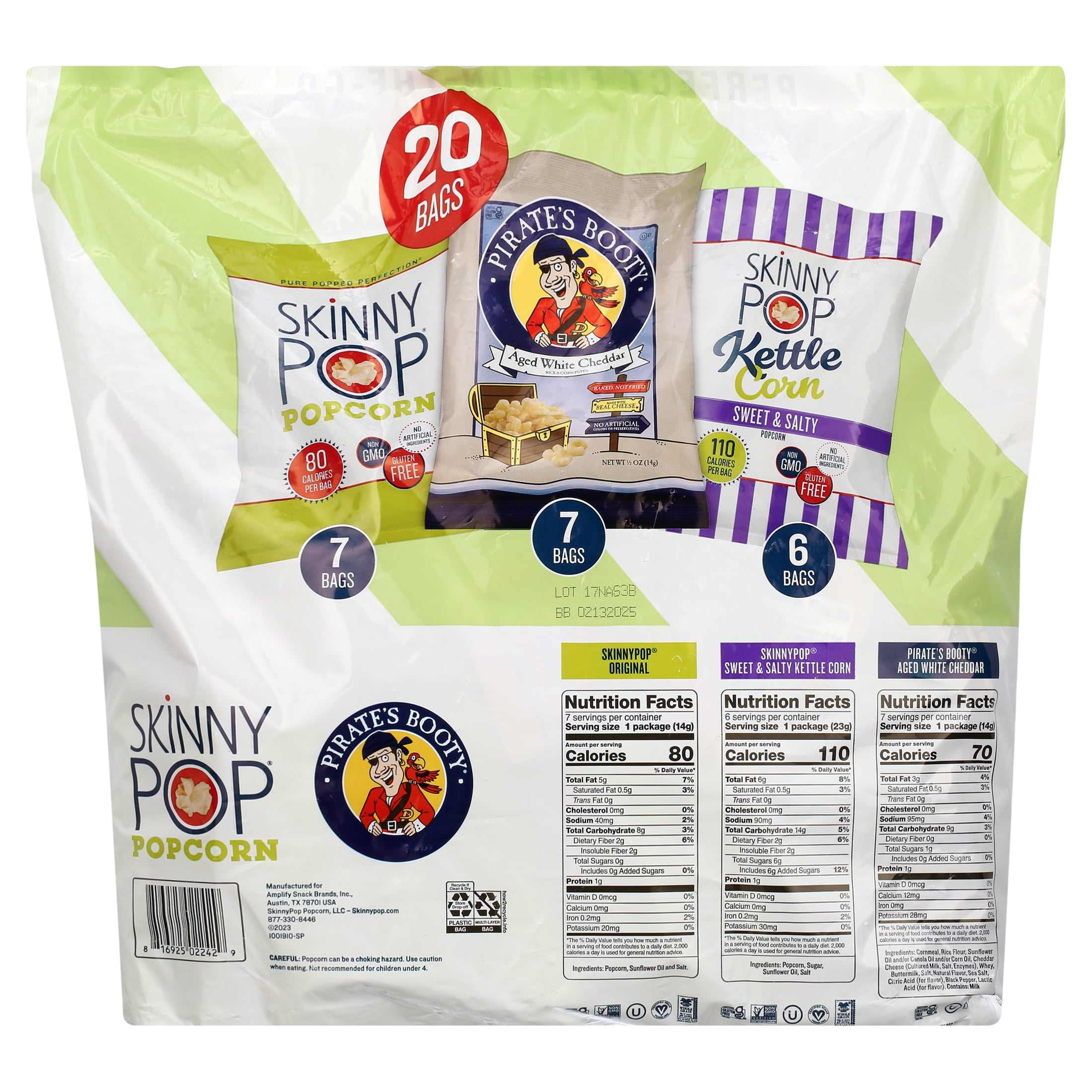 SkinnyPop and Pirate's Booty Gluten Free Variety Pack 0.5 oz Snack Size Bags 20 Count