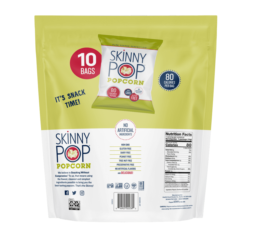 SkinnyPop Gluten Free Original Popcorn 0.5 oz Snack Size Bags 10 Count