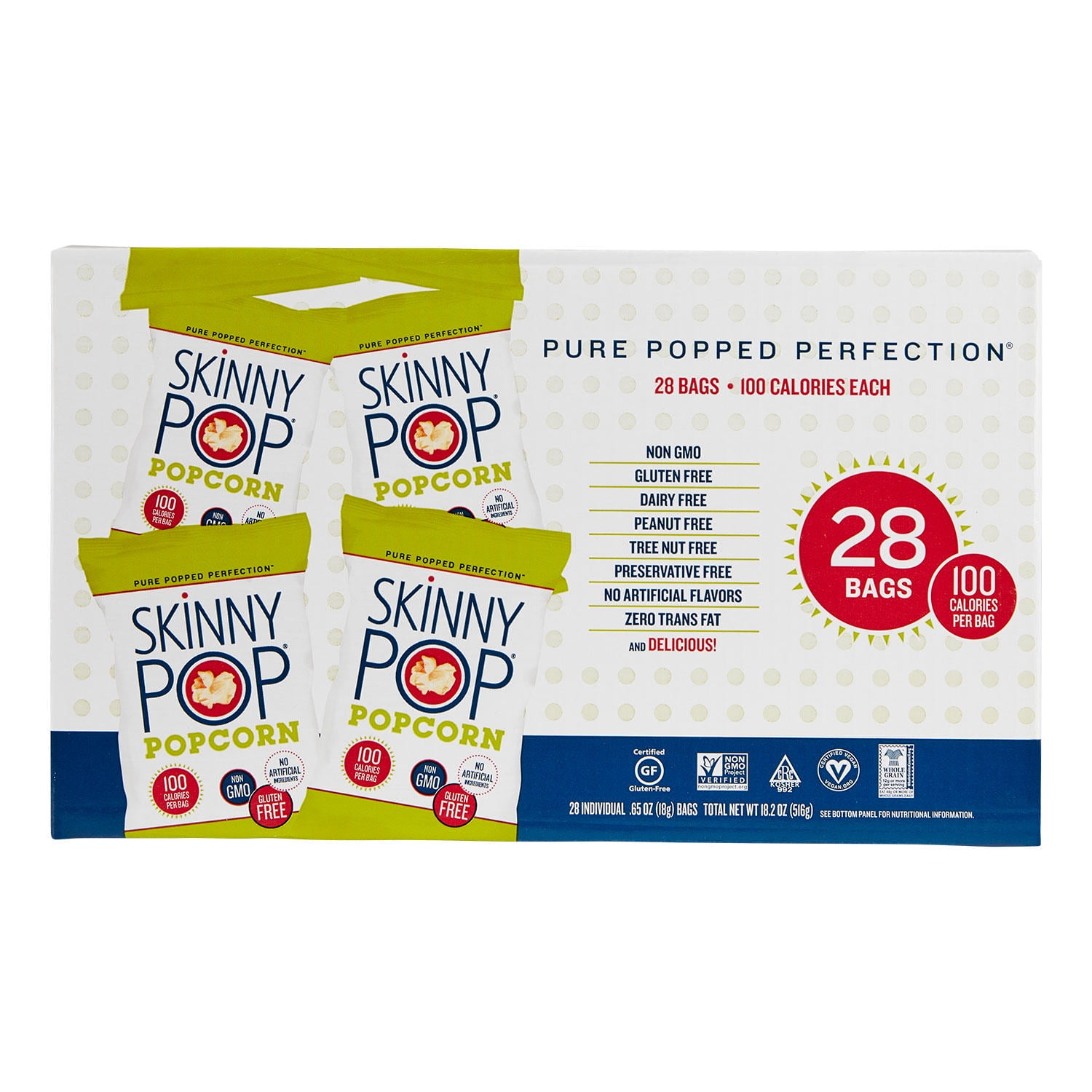 SkinnyPop Original Popcorn Snack Bags 0.65 oz 28 ct for Healthy Snacking