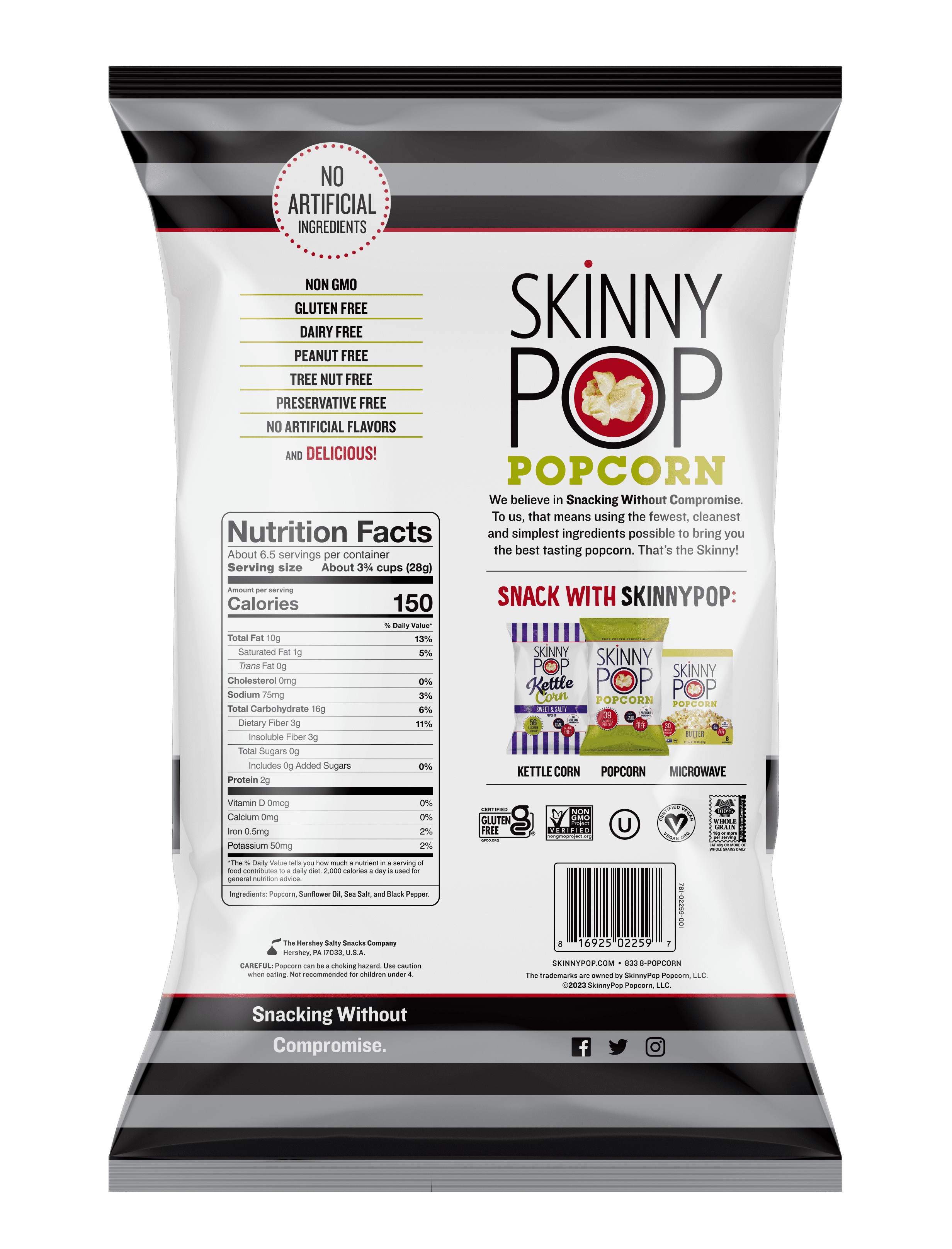 SkinnyPop Gluten Free Sea Salt and Black Pepper Popcorn 6.7 oz Sharing Size Bag