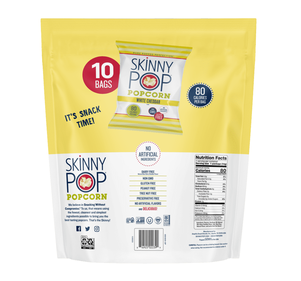 SkinnyPop Gluten Free White Cheddar Popcorn 0.5 oz Snack Size Bags 10 Count