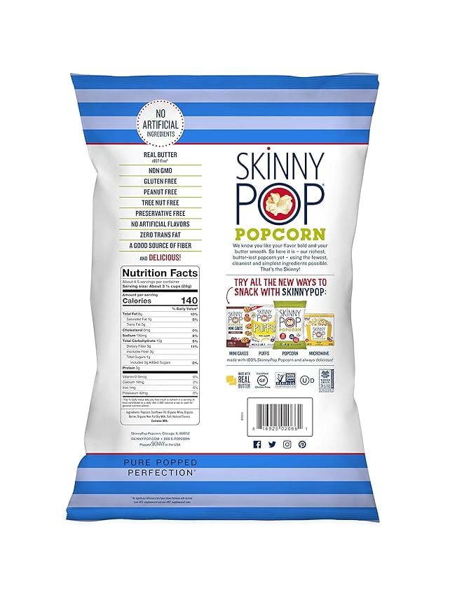 SkinnyPop Butter Popcorn Gluten Free Non-GMO Healthy Snacks 4.4oz Bag