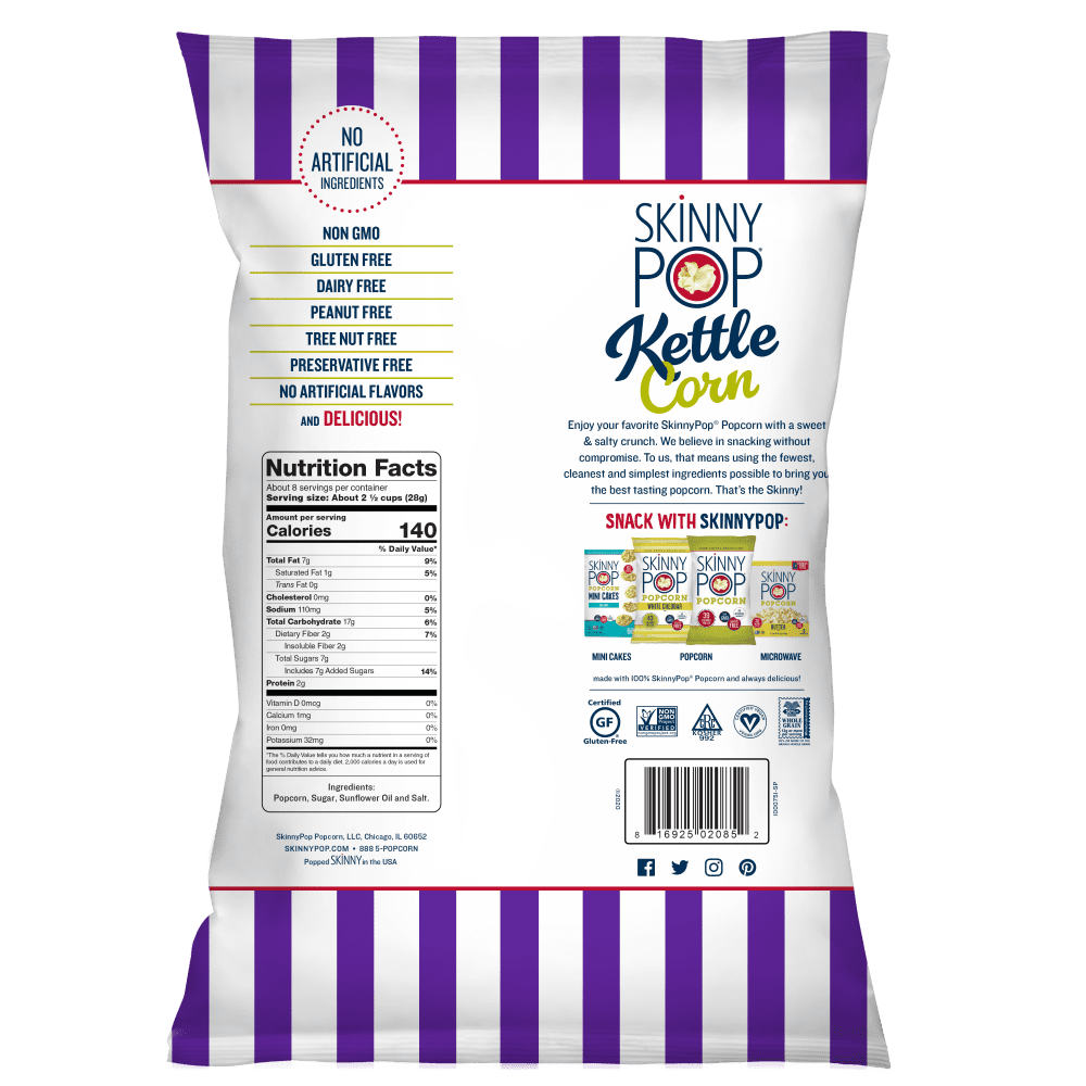 SkinnyPop Sweet Salty Kettle Corn Popcorn Share Size Bag Gluten Free 8.1 oz