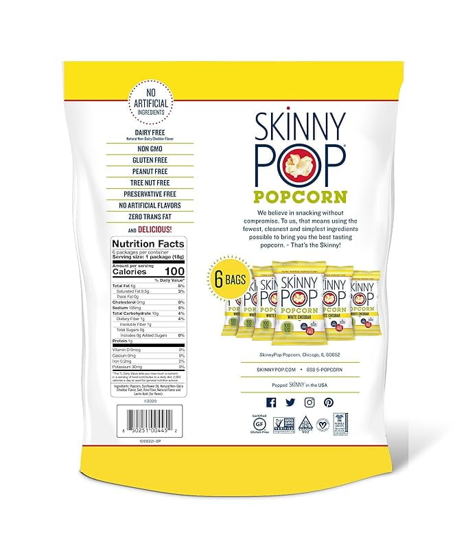 SkinnyPop Gluten Free Dairy Free White Cheddar Popcorn Snack Packs 6 Count