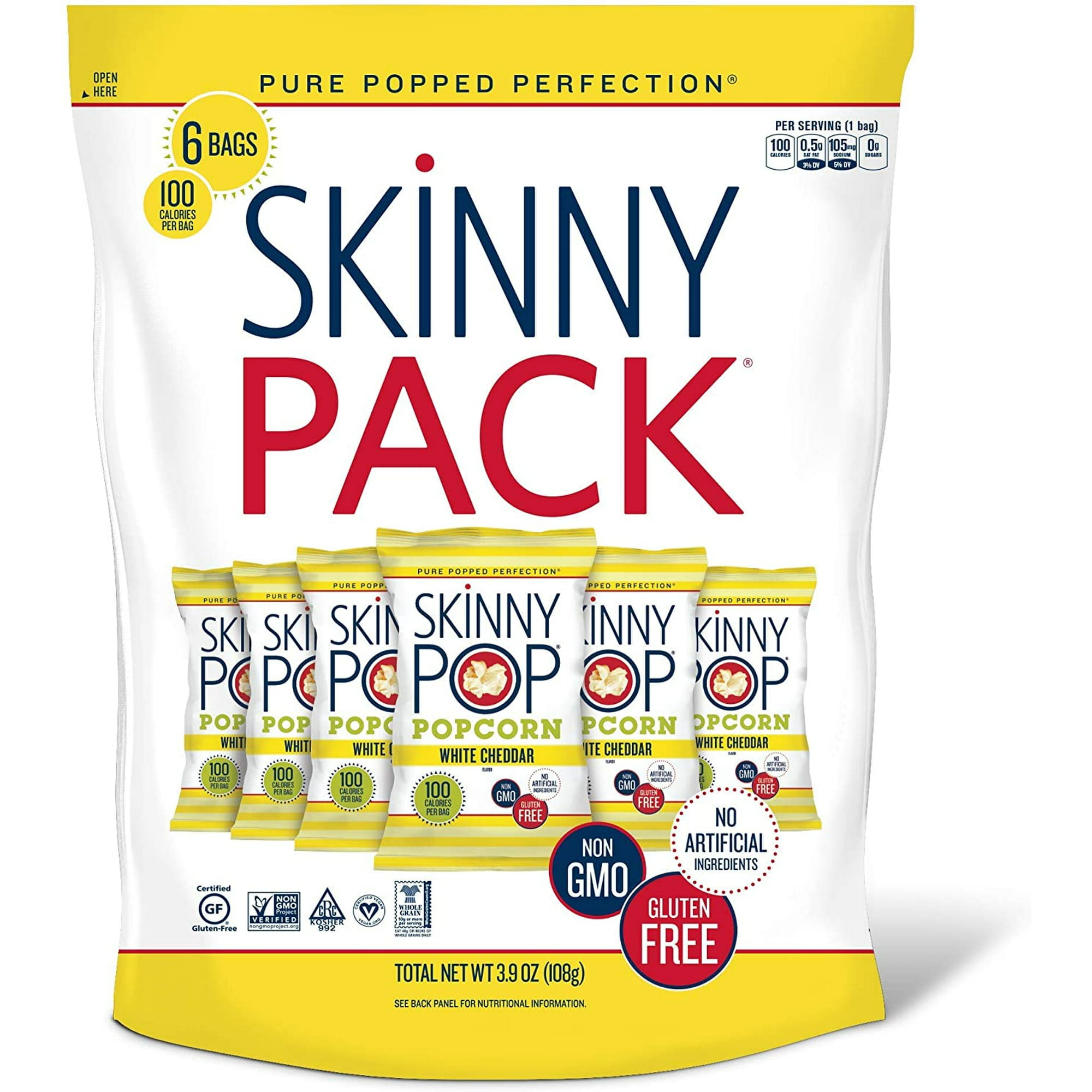 Skinnypop White Cheddar Popped Popcorn 100 Calorie Bags Individual Gluten Free Non-GMO 6 Count