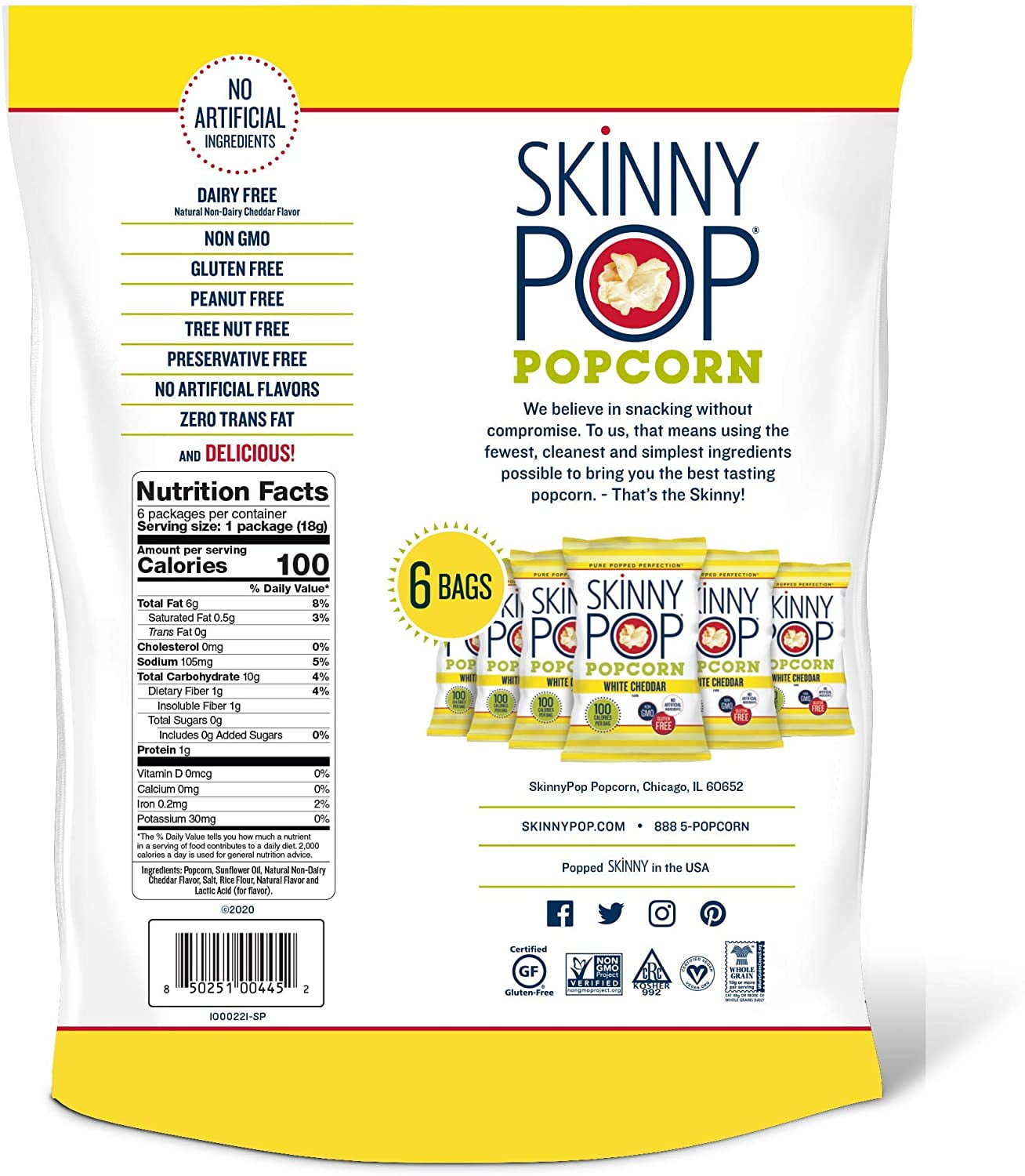 Skinnypop White Cheddar Popped Popcorn 100 Calorie Bags Individual Gluten Free Non-GMO 6 Count