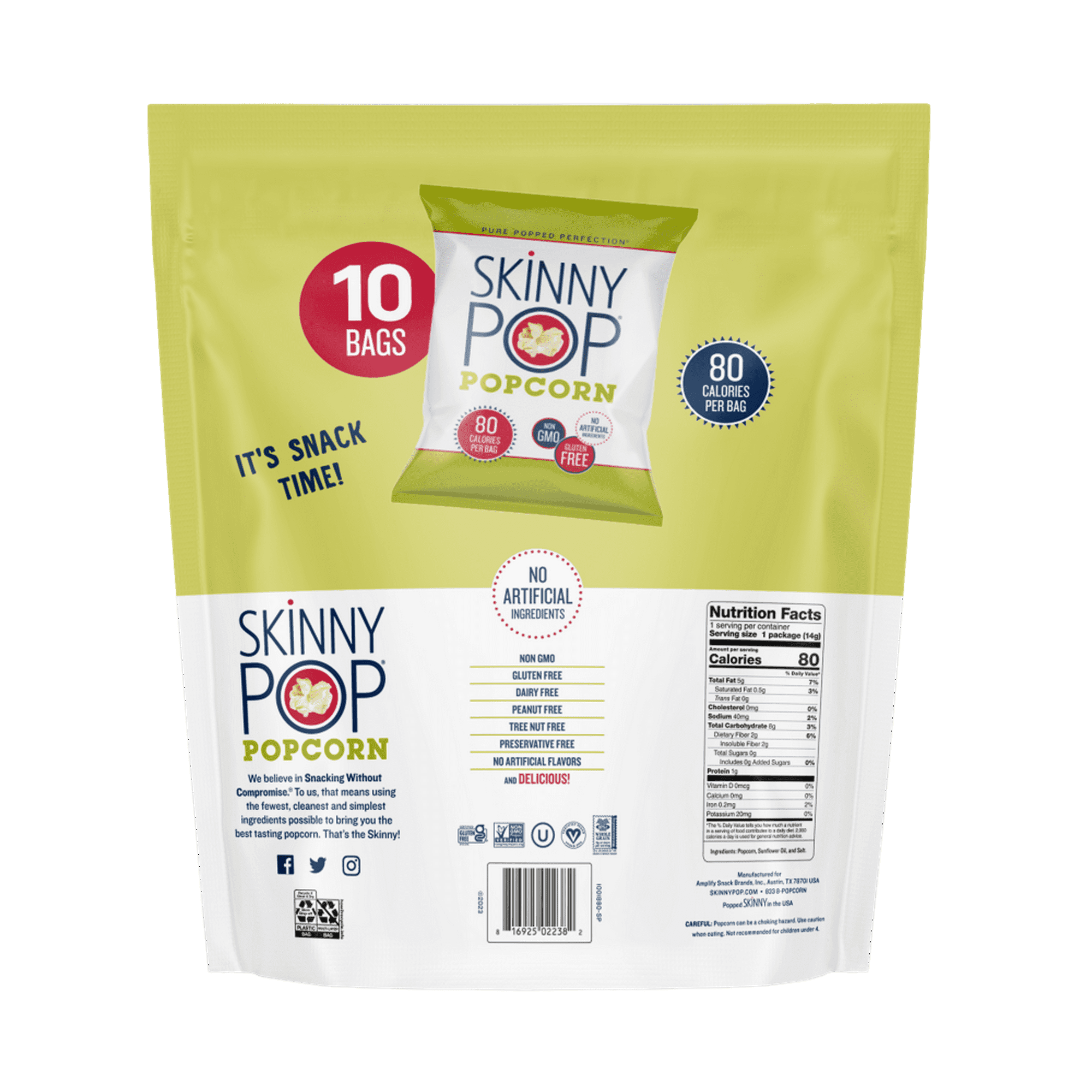 SkinnyPop Original Popcorn Gluten-Free Snack-Size Bags 0.5 oz 10 Count