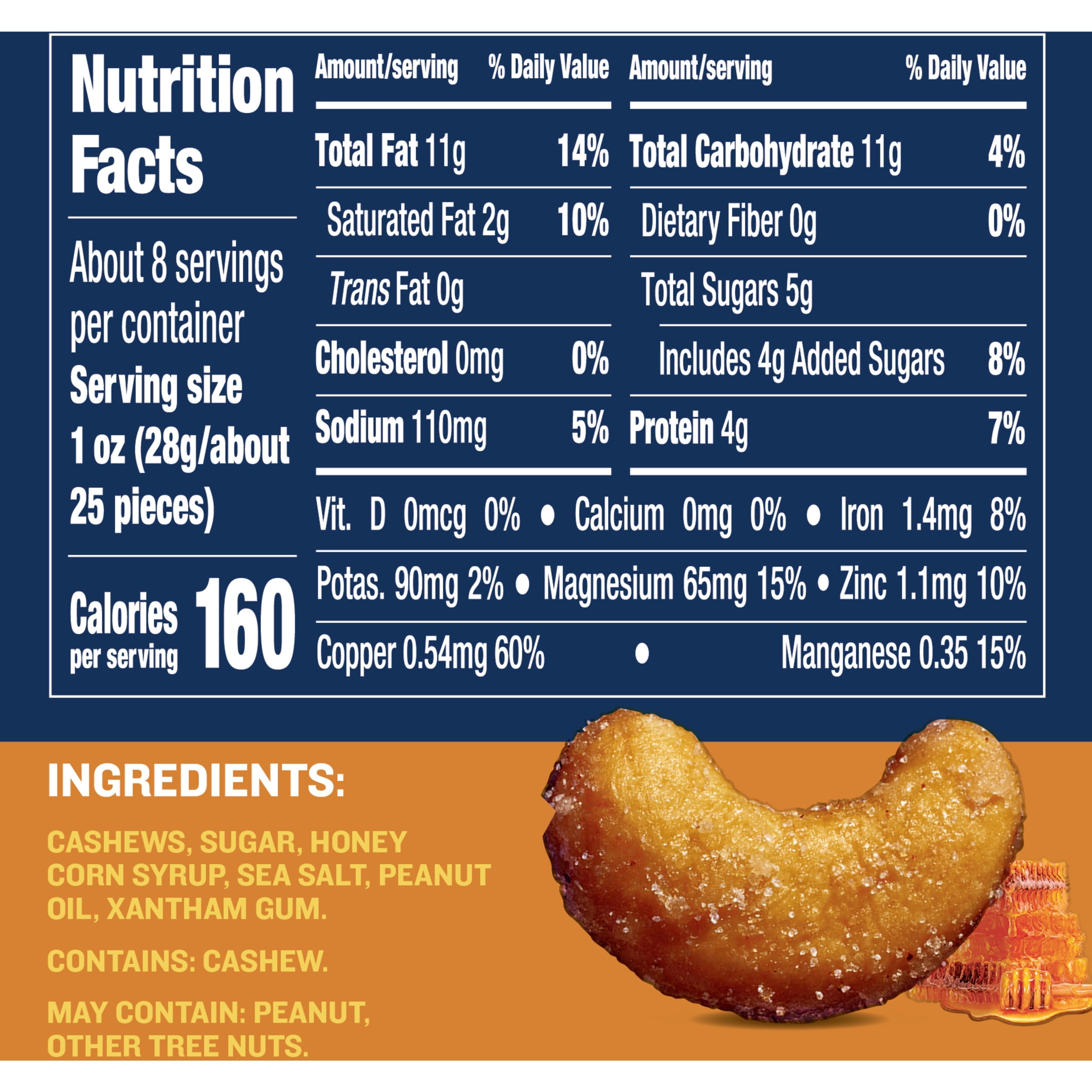 PLANTERS HONEY ROASTED WHOLE CASHEWS SWEET SALTY 8.25OZ CANISTER