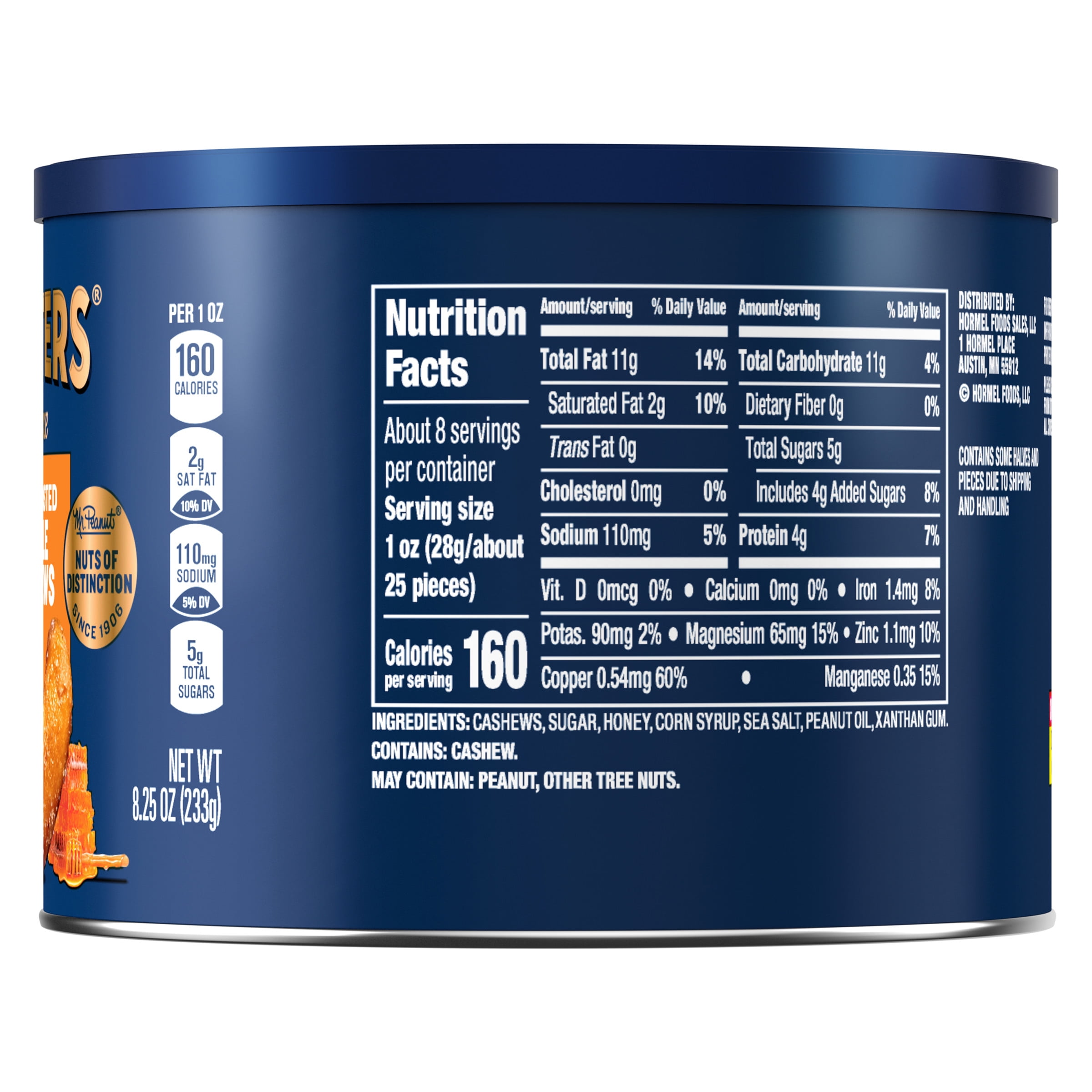 PLANTERS HONEY ROASTED WHOLE CASHEWS SWEET SALTY 8.25OZ CANISTER