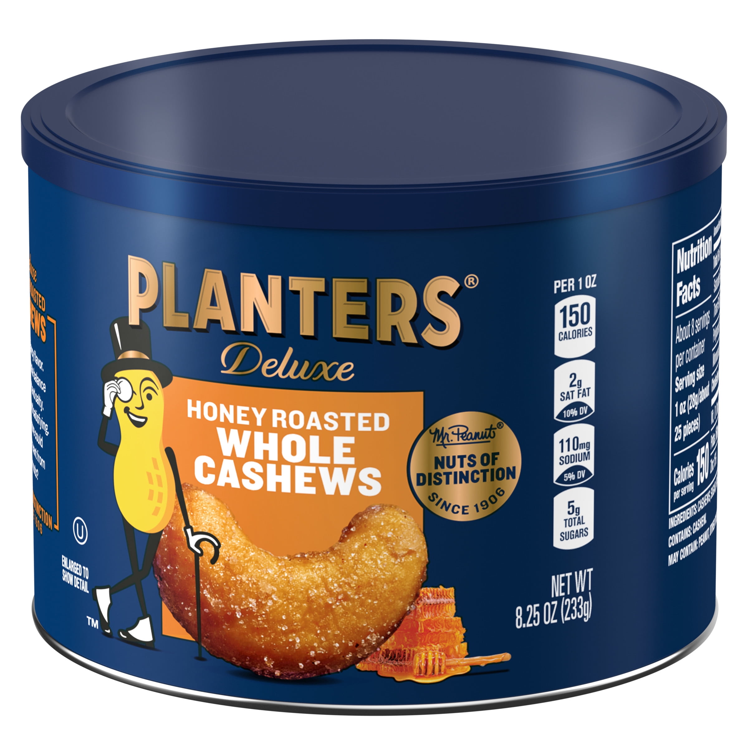 PLANTERS HONEY ROASTED WHOLE CASHEWS SWEET SALTY 8.25OZ CANISTER