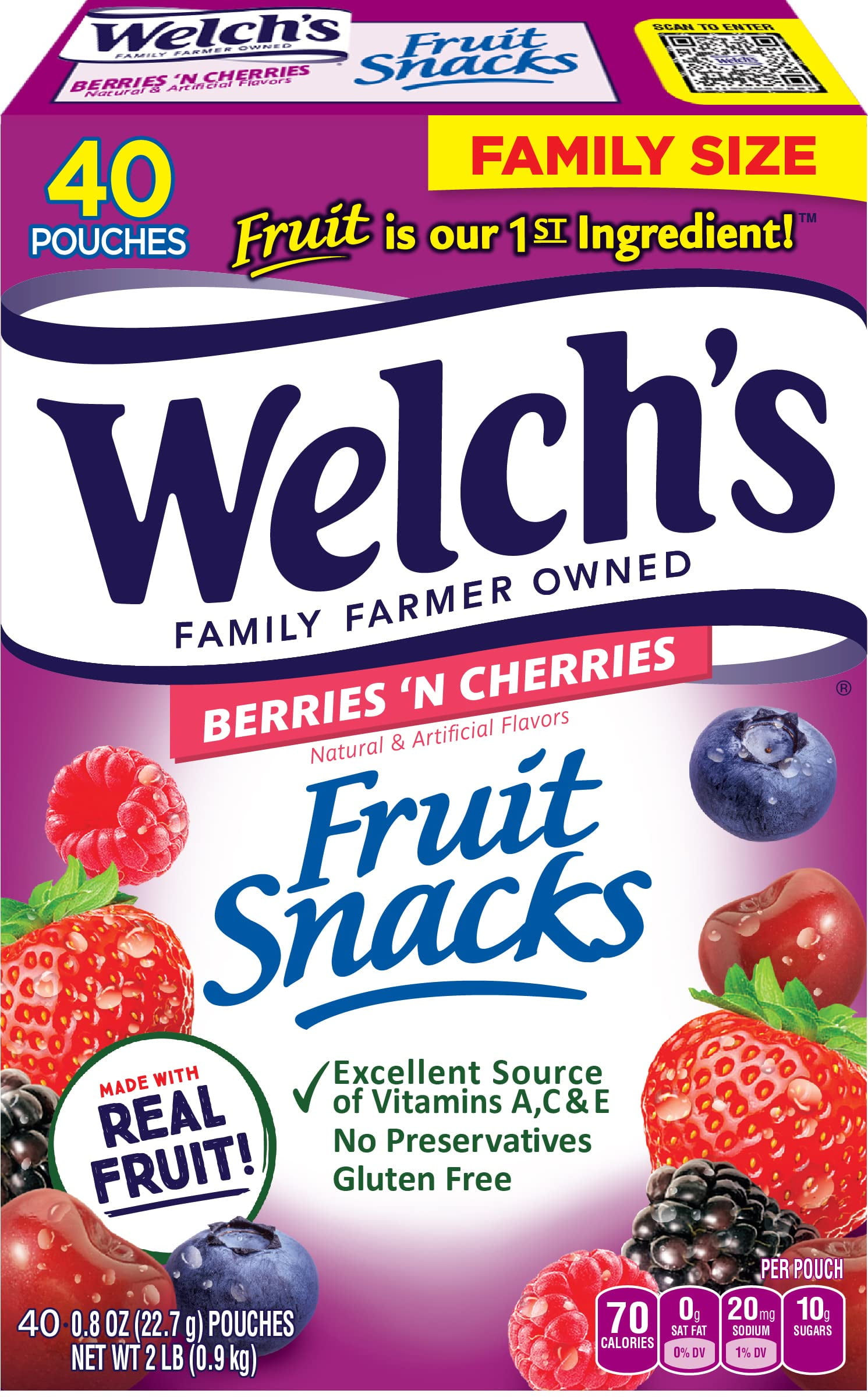 Welch's Berries n Cherries Fruit Snacks School Lunch Gluten Free Bulk Pack Single Serve 0.8 oz 40 Pack