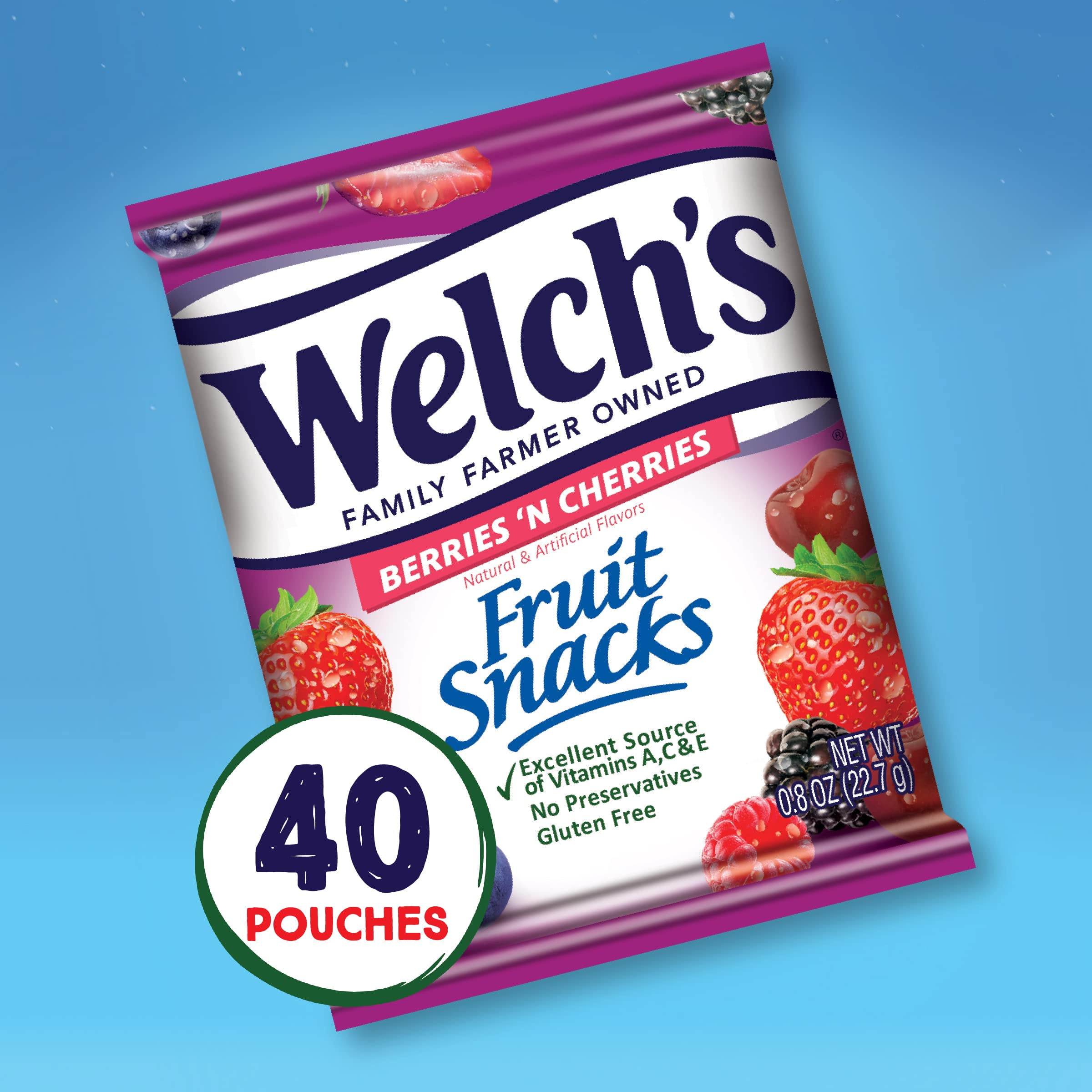 Welch's Berries n Cherries Fruit Snacks School Lunch Gluten Free Bulk Pack Single Serve 0.8 oz 40 Pack