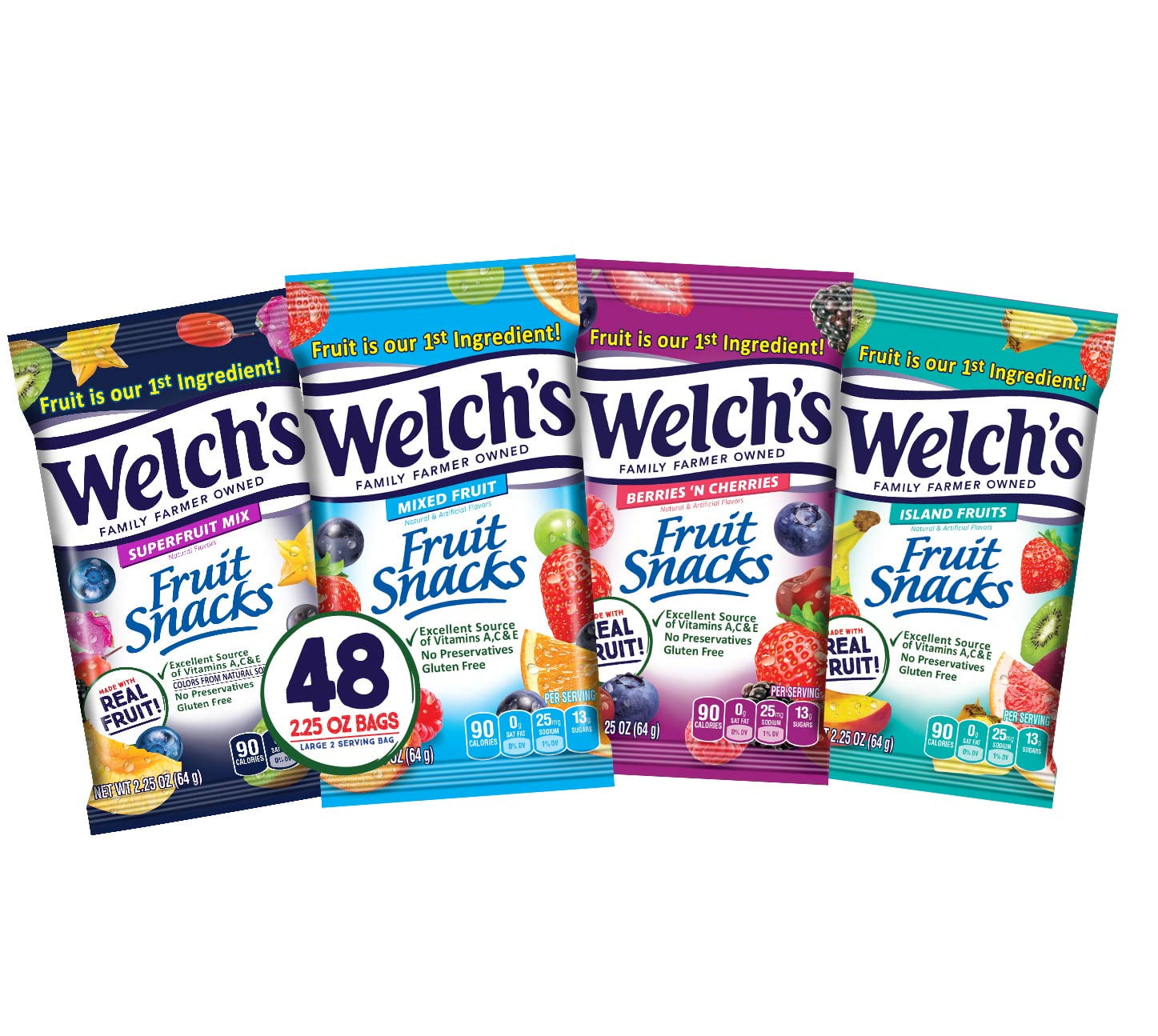 Welchs Fruit Snacks Variety Pack Mixed Fruit Superfruit Mix Island Fruits & Berries n Cherries 2.25 oz Pack of 48