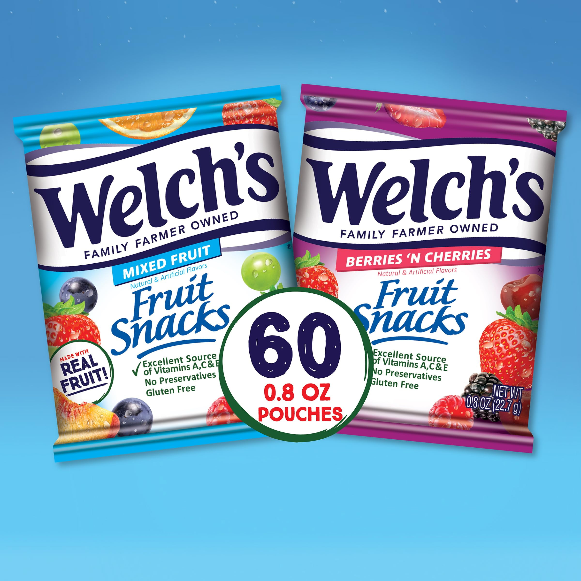 Welchs Fruit Snacks Mixed JMS2 Fruit and Berries N Cherries Bulk Variety Pack School Lunches Gluten Free 0.8 oz