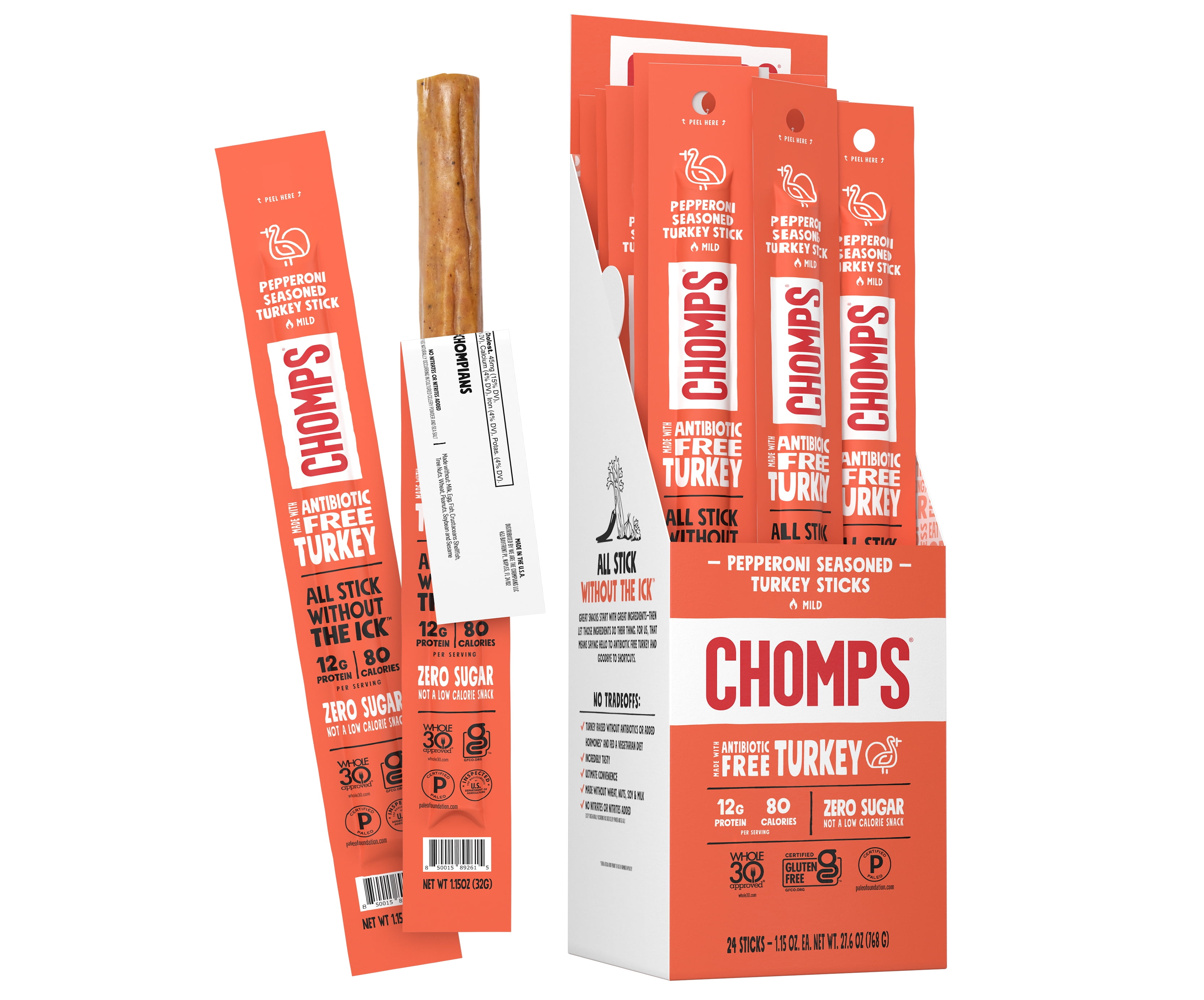 Chomps Free Range Pepperoni Turkey Jerky Sticks Keto Paleo Whole30