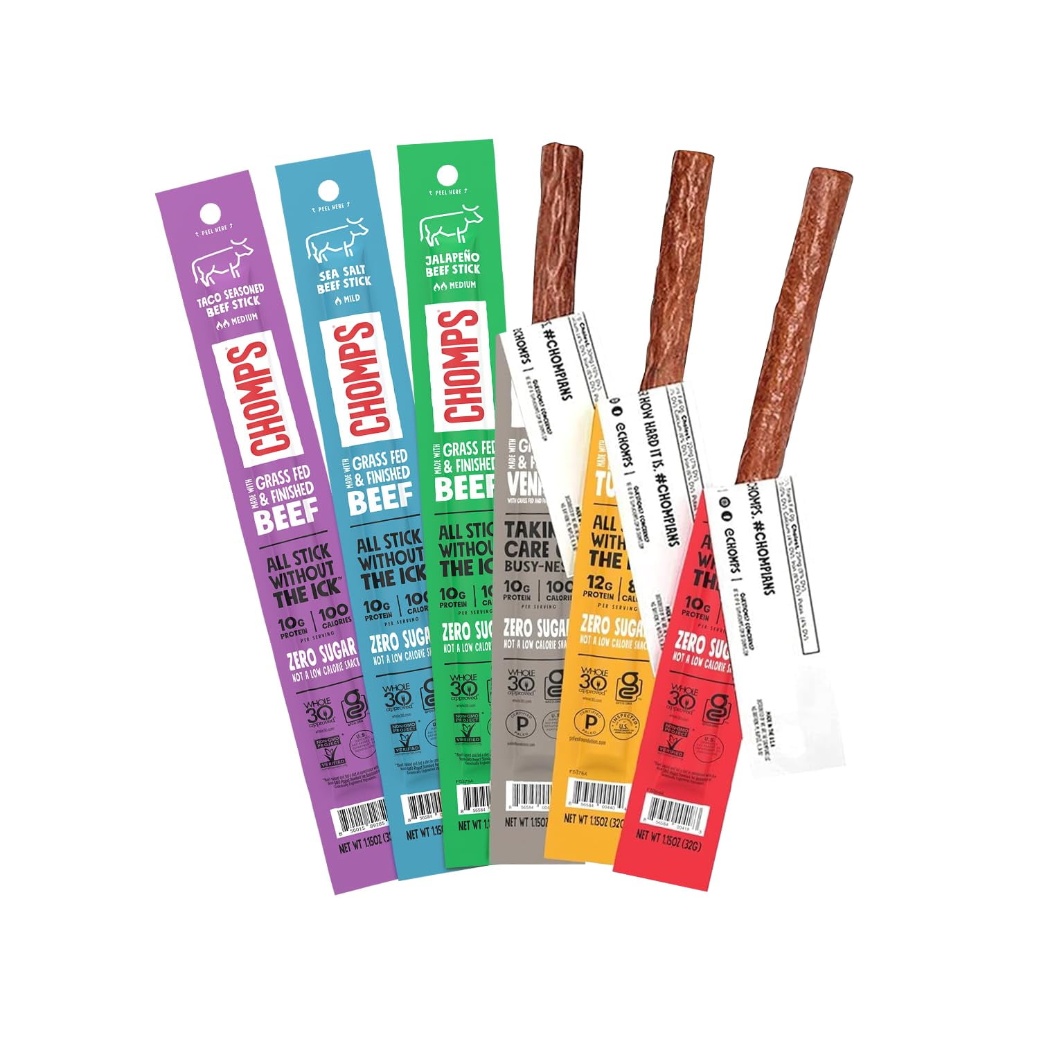 Chomps 6 Flavor Variety STF9 Trial Pack Grass-Fed & Finished Beef Venison Antibiotic Free Turkey Meat Snack Sticks