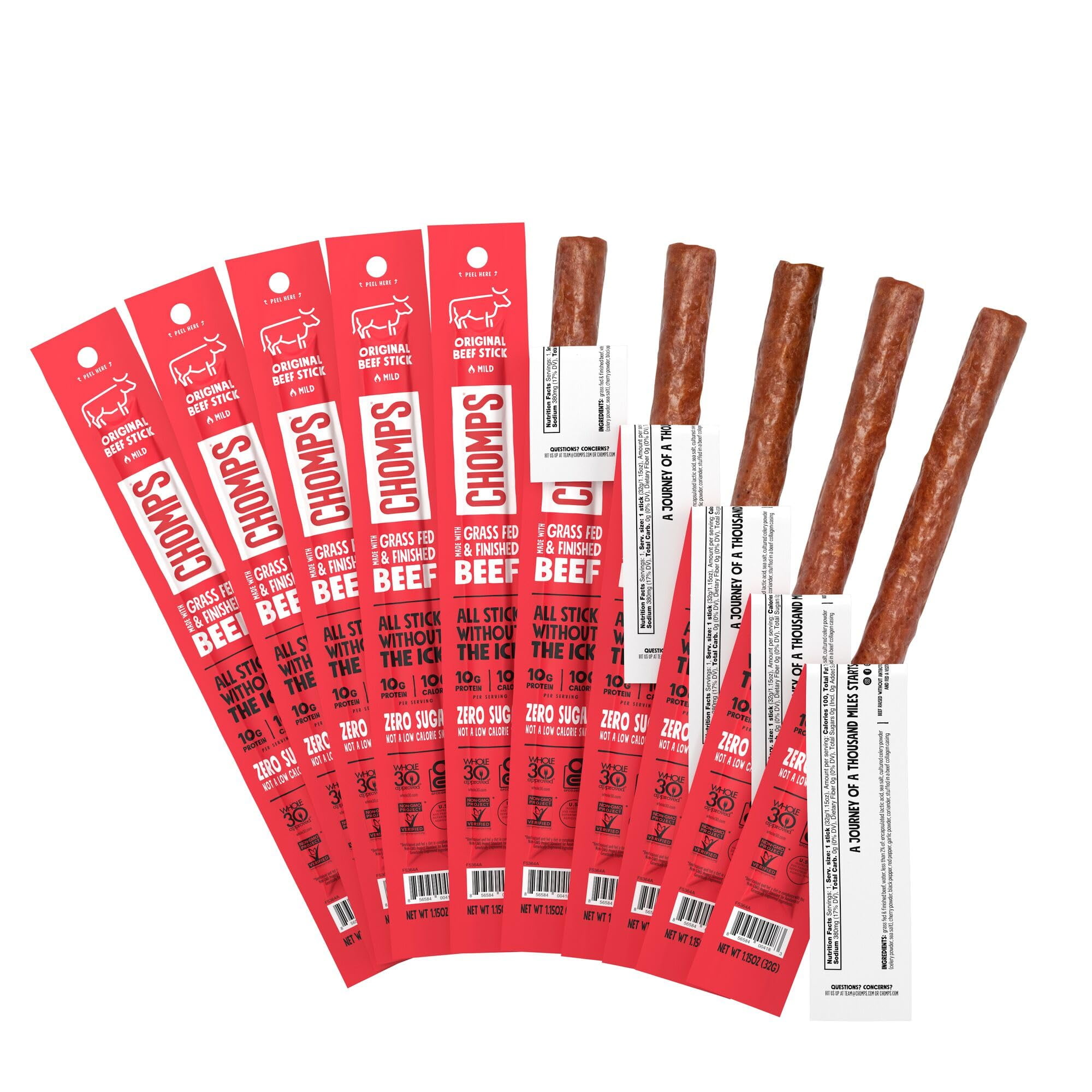 Chomps Grass-Fed YPF5 Original Beef Jerky Sticks 10-Pack Keto Paleo Whole30 Lean Meat Protein Gluten-Free