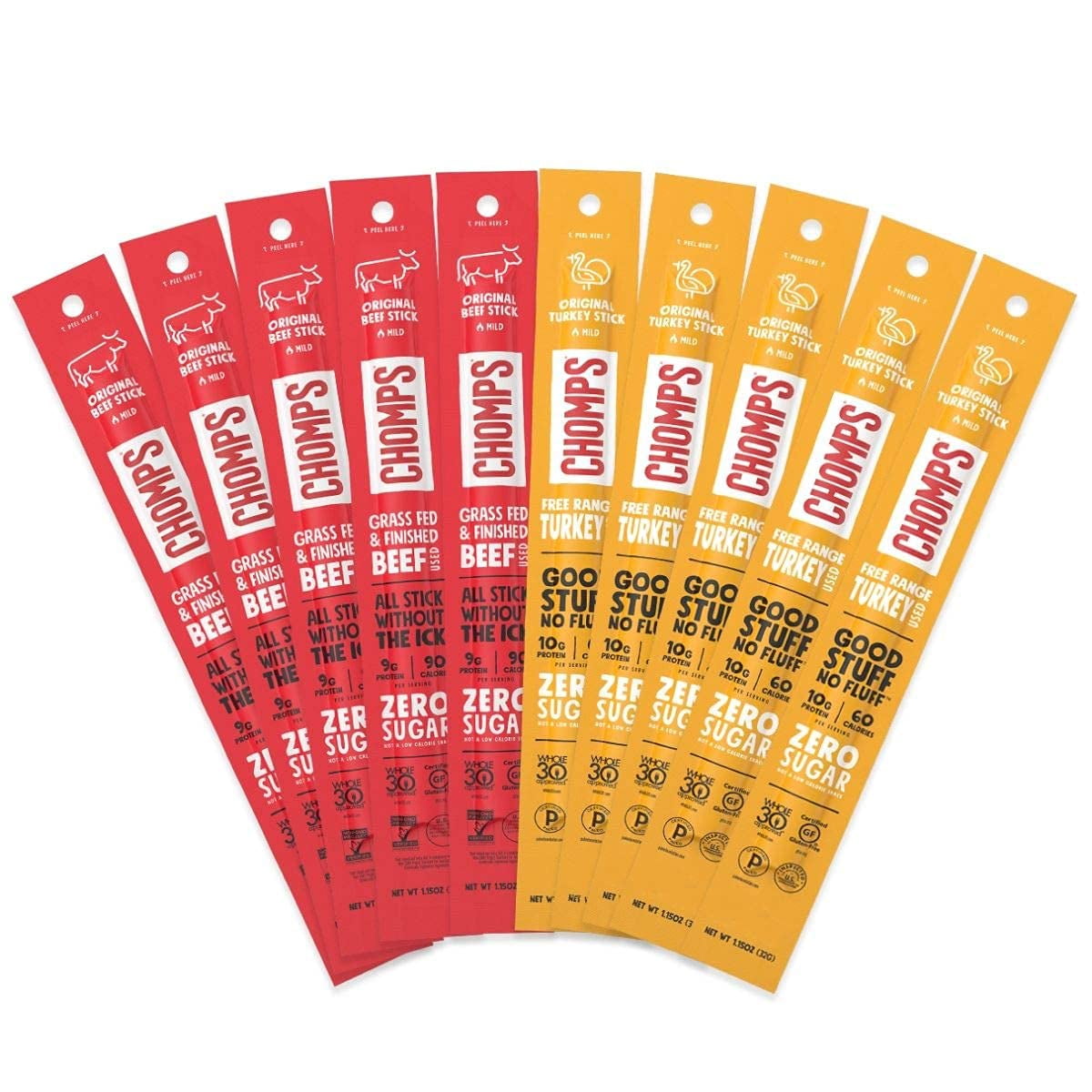 CHOMPS GRASS FED BEEF MSF2&NBSP;& TURKEY JERKY STICKS ORIGINALS VARIETY PACK 10 STICKS 5 ORIGINAL BEEF 5 ORIGINAL TURKEY KETO WHOLE30 PALEO GLUTEN FREE SUGAR FREE