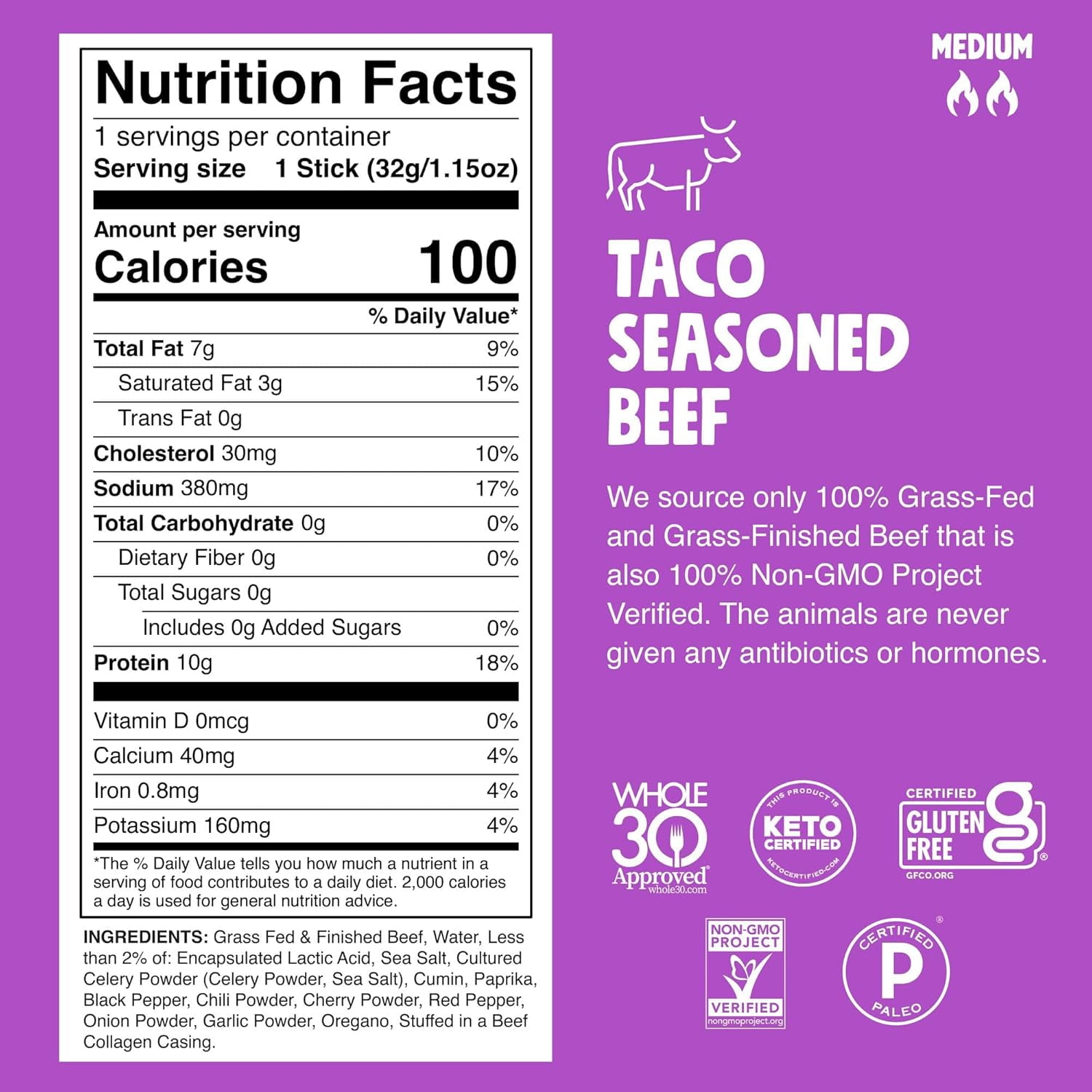 Grass Fed Taco Seasoned Beef Sticks 10 Sticks Pack of 2