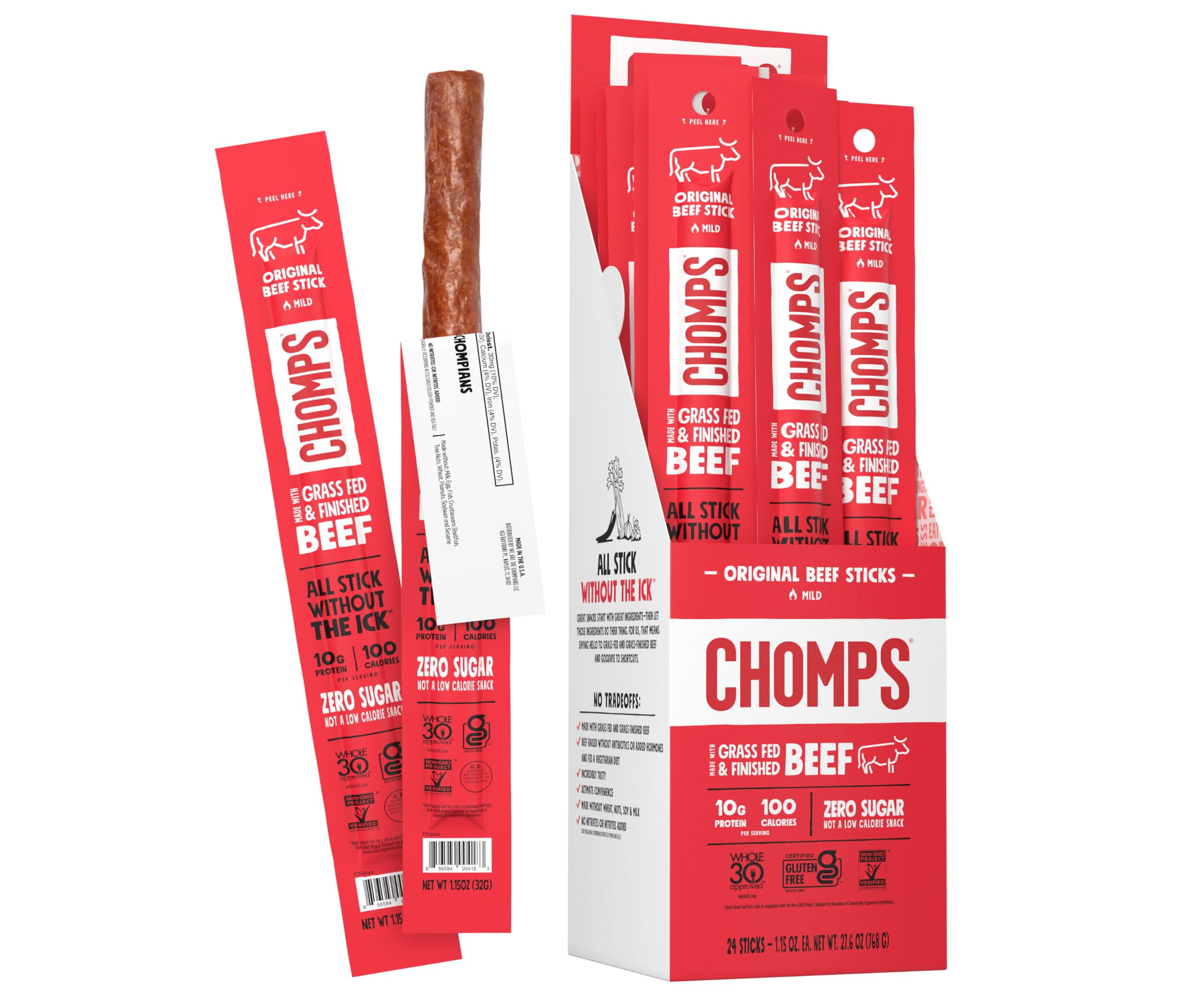 Chomps Grass Fed and Finished STF9 Original Beef Jerky Snack Sticks 24 Pack