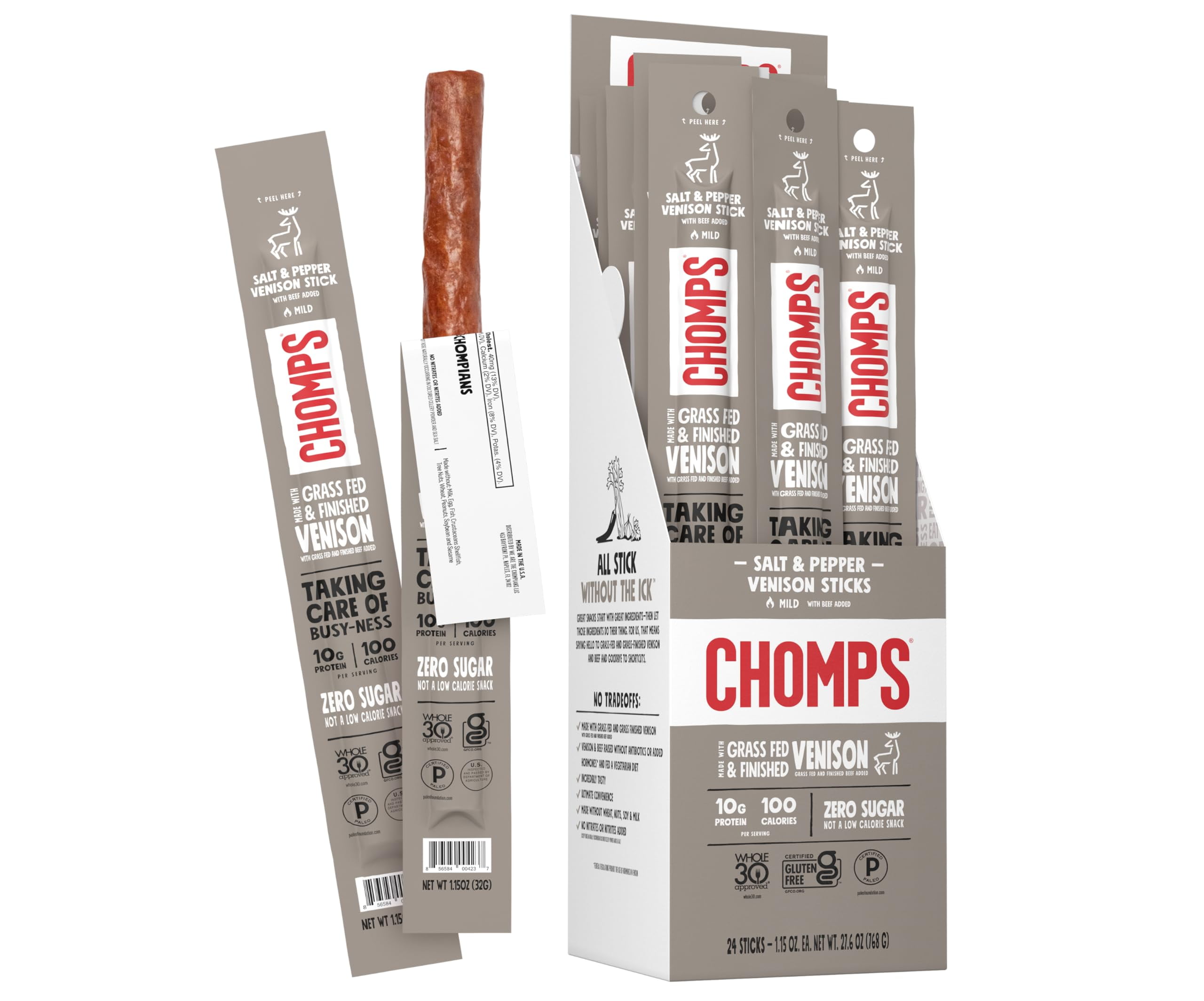 Chomps Grass Fed Venison AIF4 Jerky Snack Sticks Keto Paleo Whole30