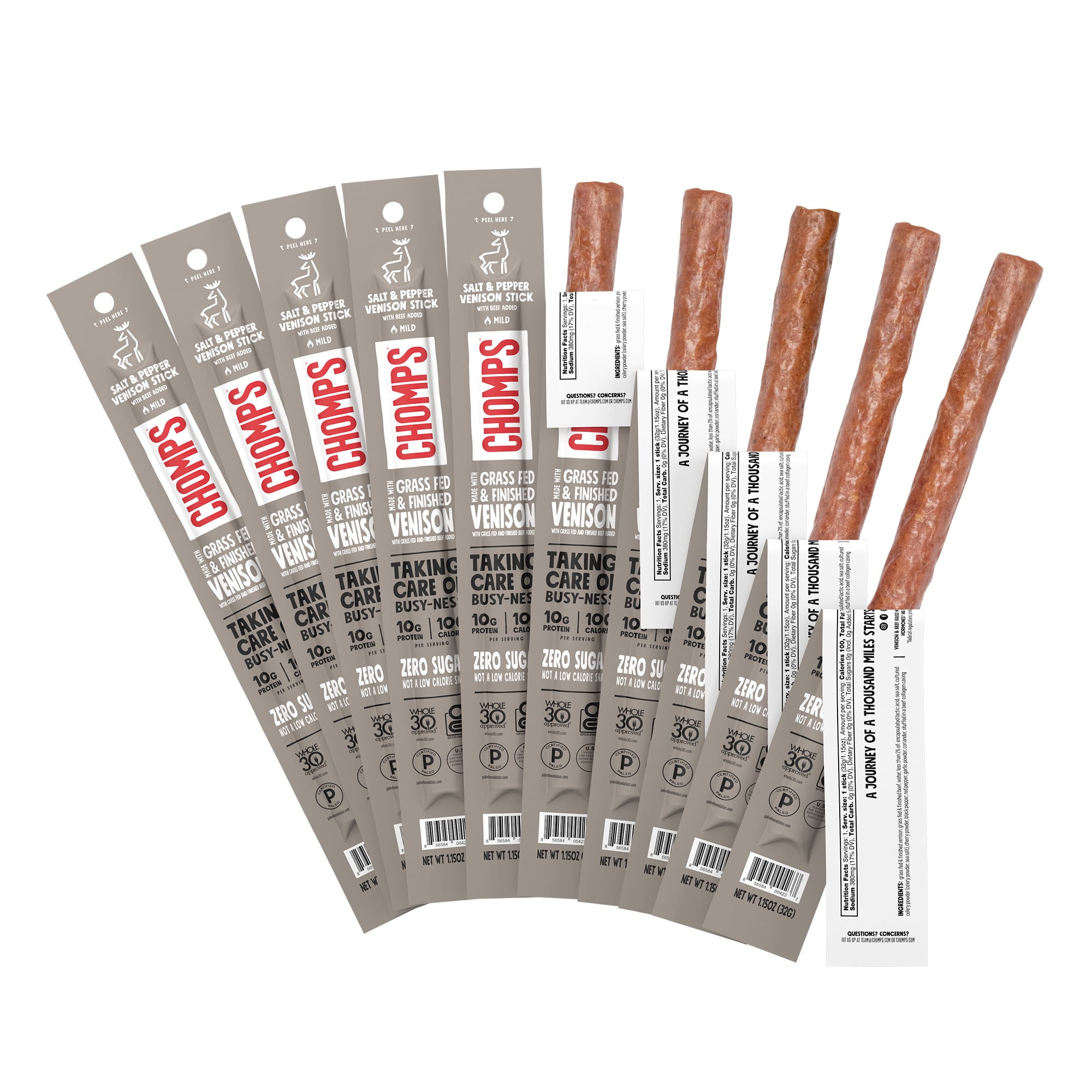 CHOMPS SEA SALT PEPPER GRASS-FED FINISHED VENISON JERKY MEAT SNACK STICK 1.15OZ - AMERIKA SEPETIM