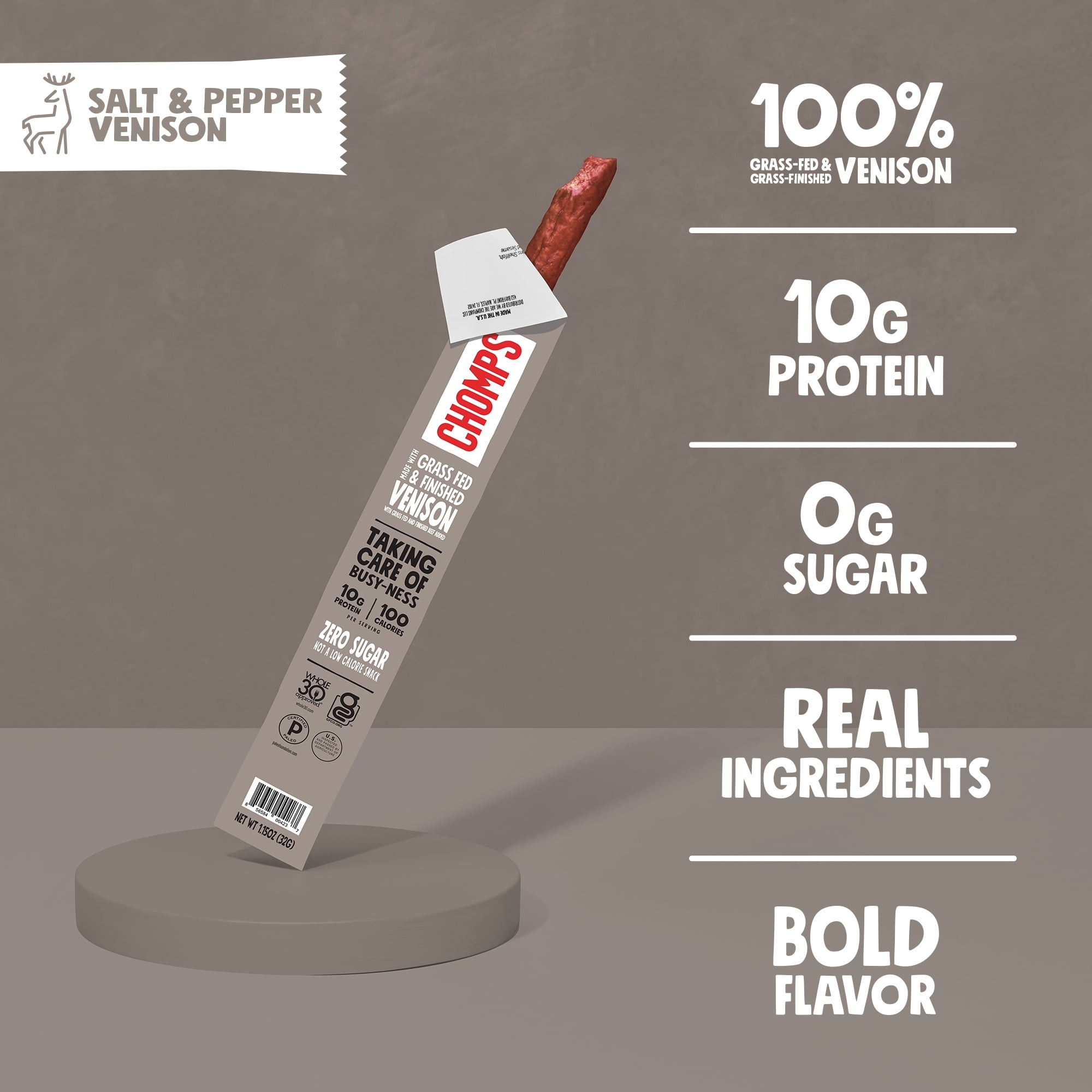 CHOMPS SEA SALT PEPPER GRASS-FED FINISHED VENISON JERKY MEAT SNACK STICK 1.15OZ - AMERIKA SEPETIM