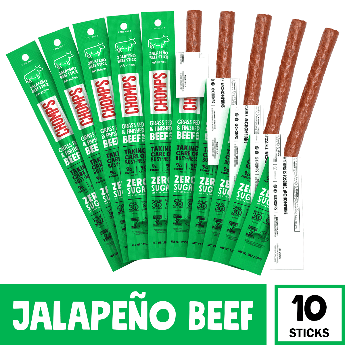 Chomps Jalapeno Beef High Protein Gluten Free Sugar Free Sticks 10ct