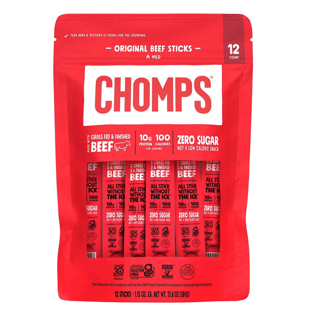 Chomps Original Grass Fed Beef Sticks Mild 1.15 oz Pack of 12