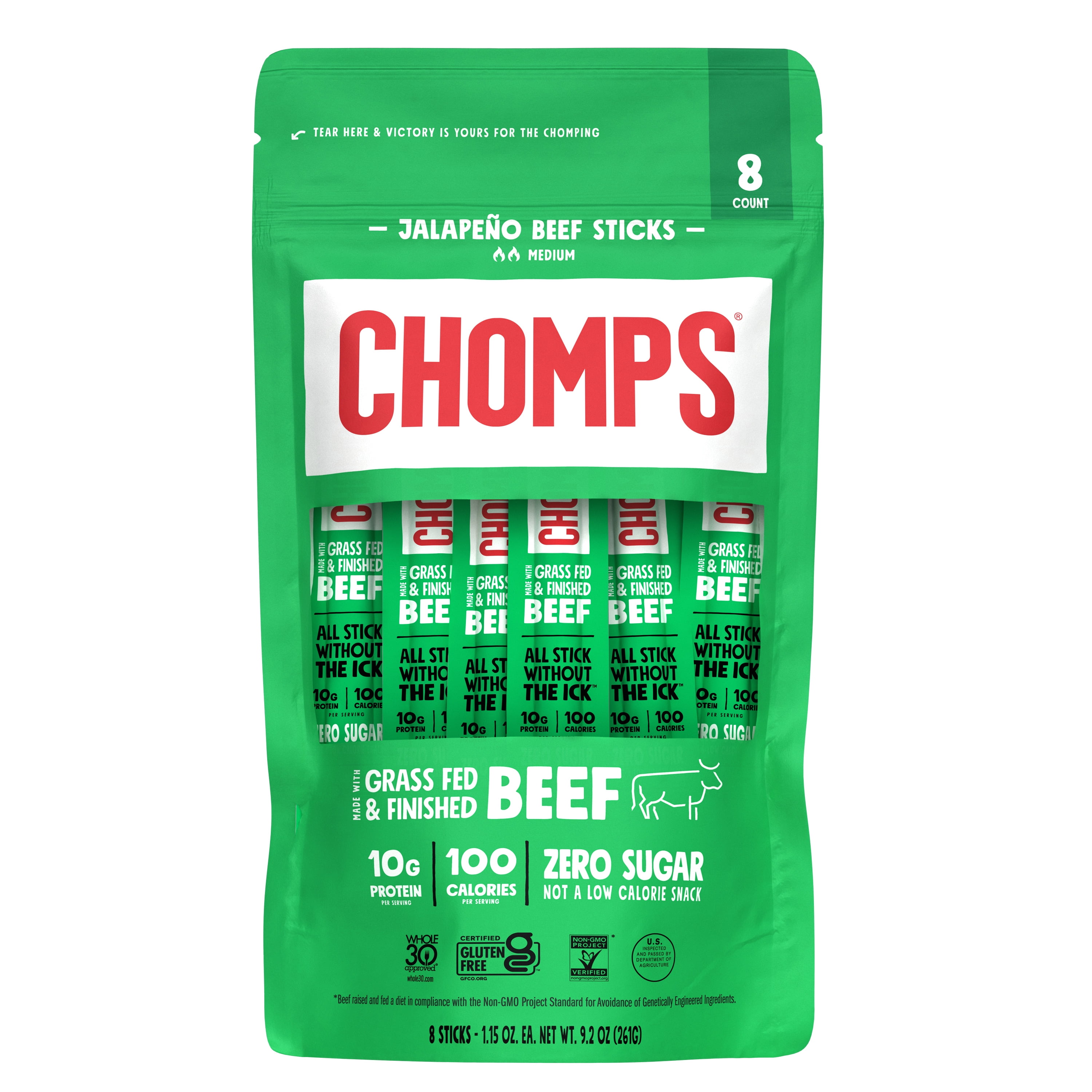 Chomps Grass-Fed Jalapeño Beef Jerky Meat Snack 8 Pack 1.15oz Sticks