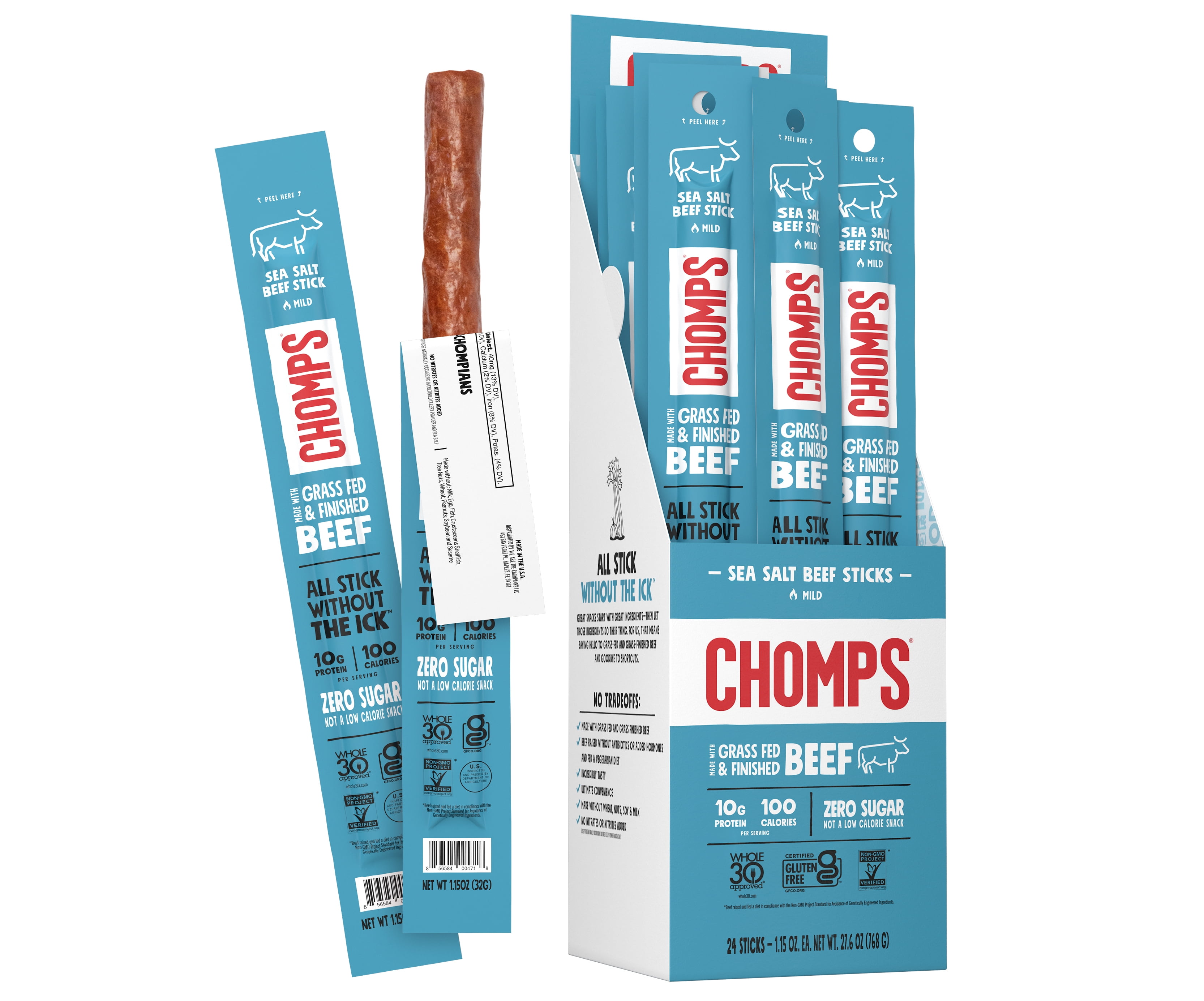 Chomps Grass-Fed Sea Salt Beef Jerky Snack Sticks Keto Whole30 Gluten Free Sugar Free 24ct 1.15oz