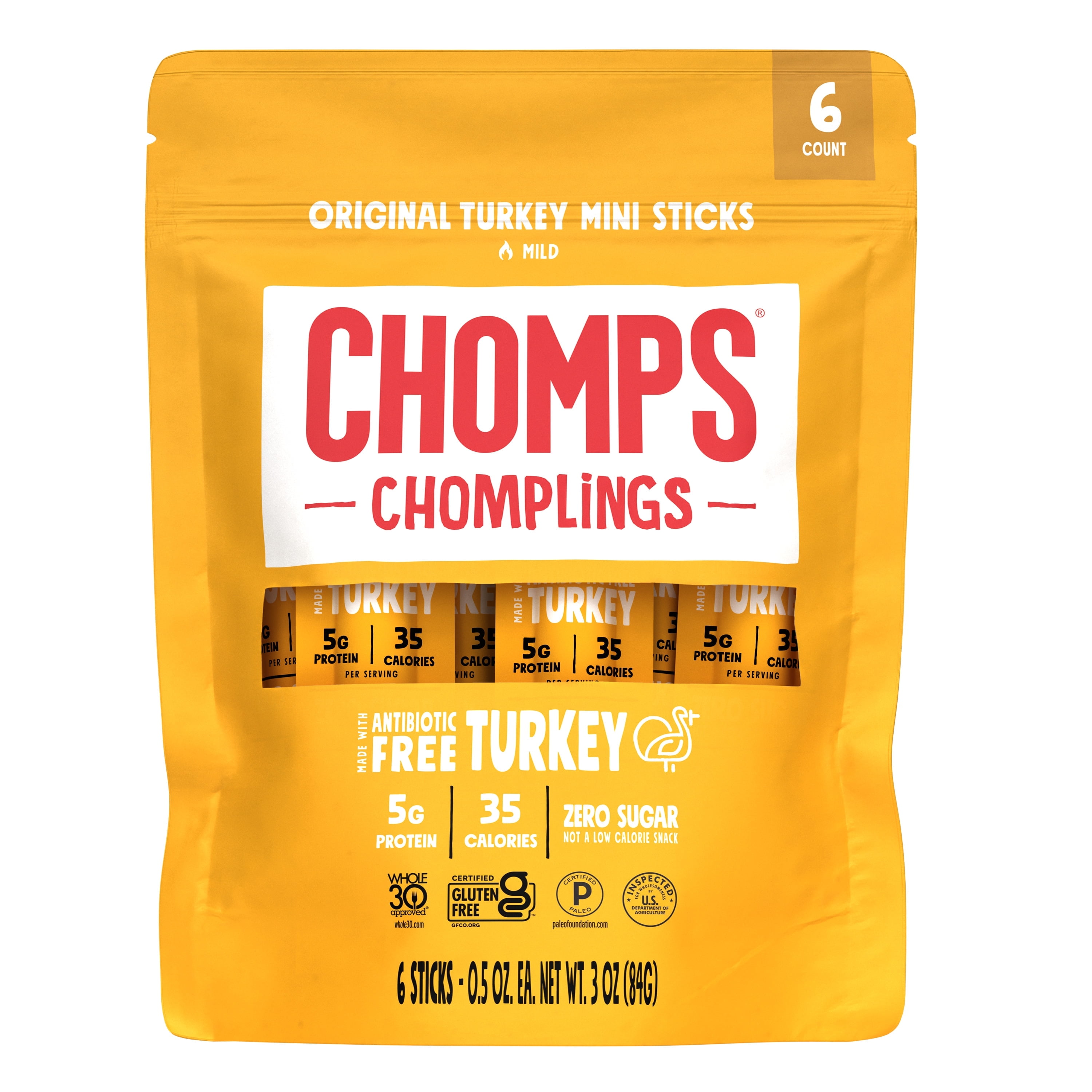 Chomps Mini Antibiotic-Free Original Turkey Chomplings 6 Pack 0.5oz Sticks